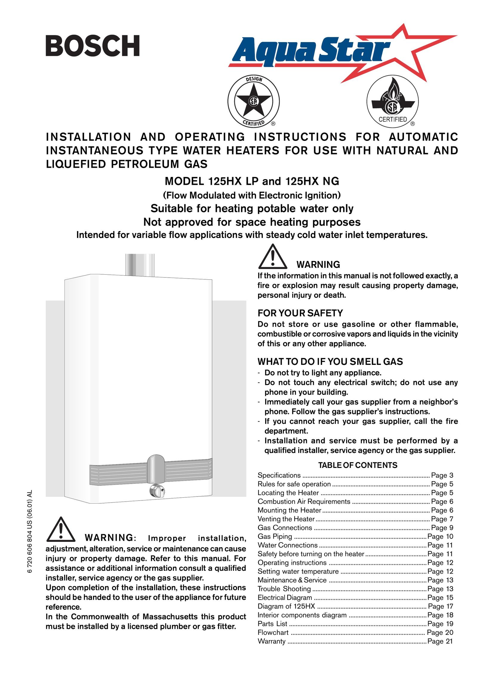 AquaStar 125HX NG Water Heater User Manual