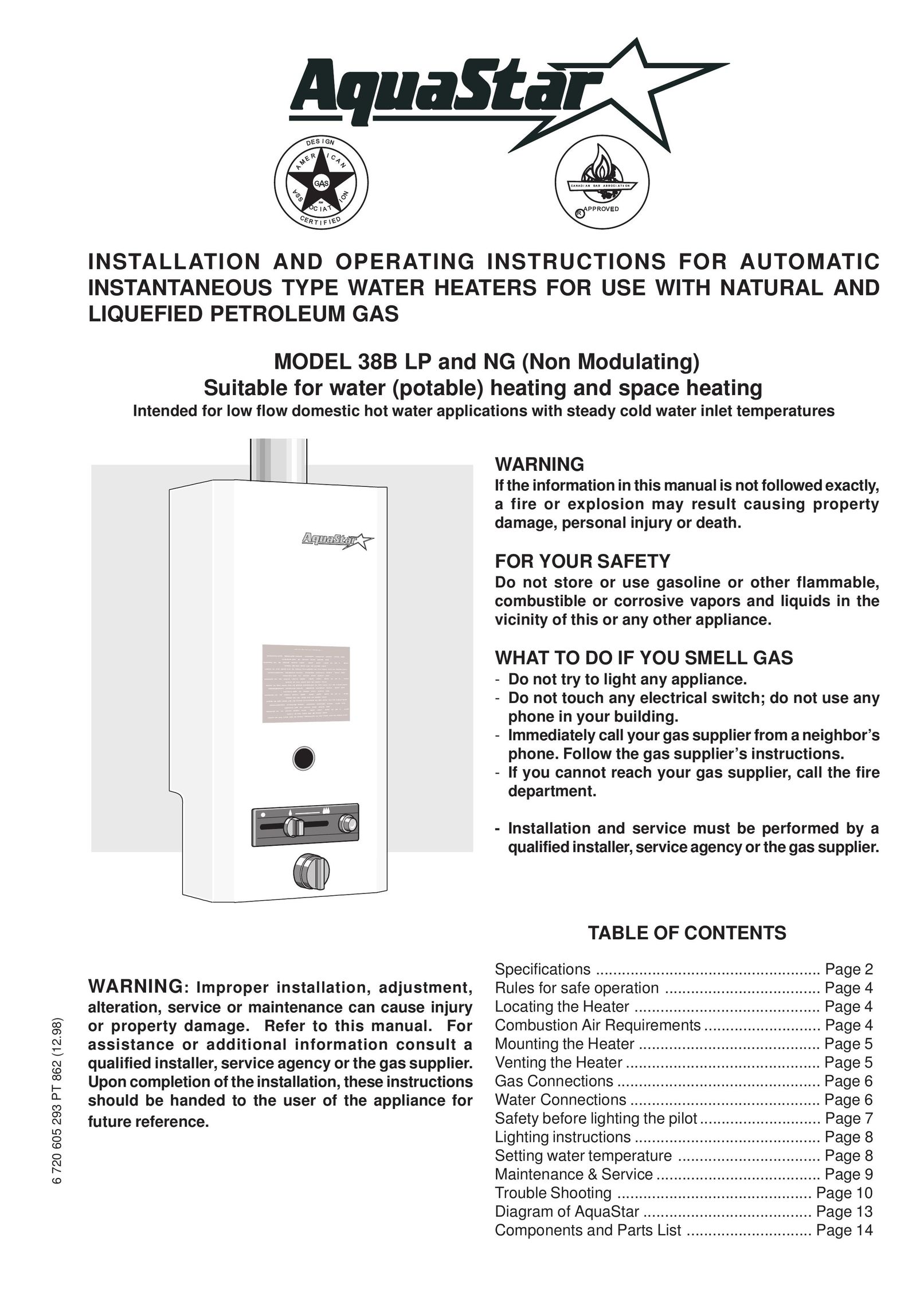 AquaStar 38B NG Water Heater User Manual