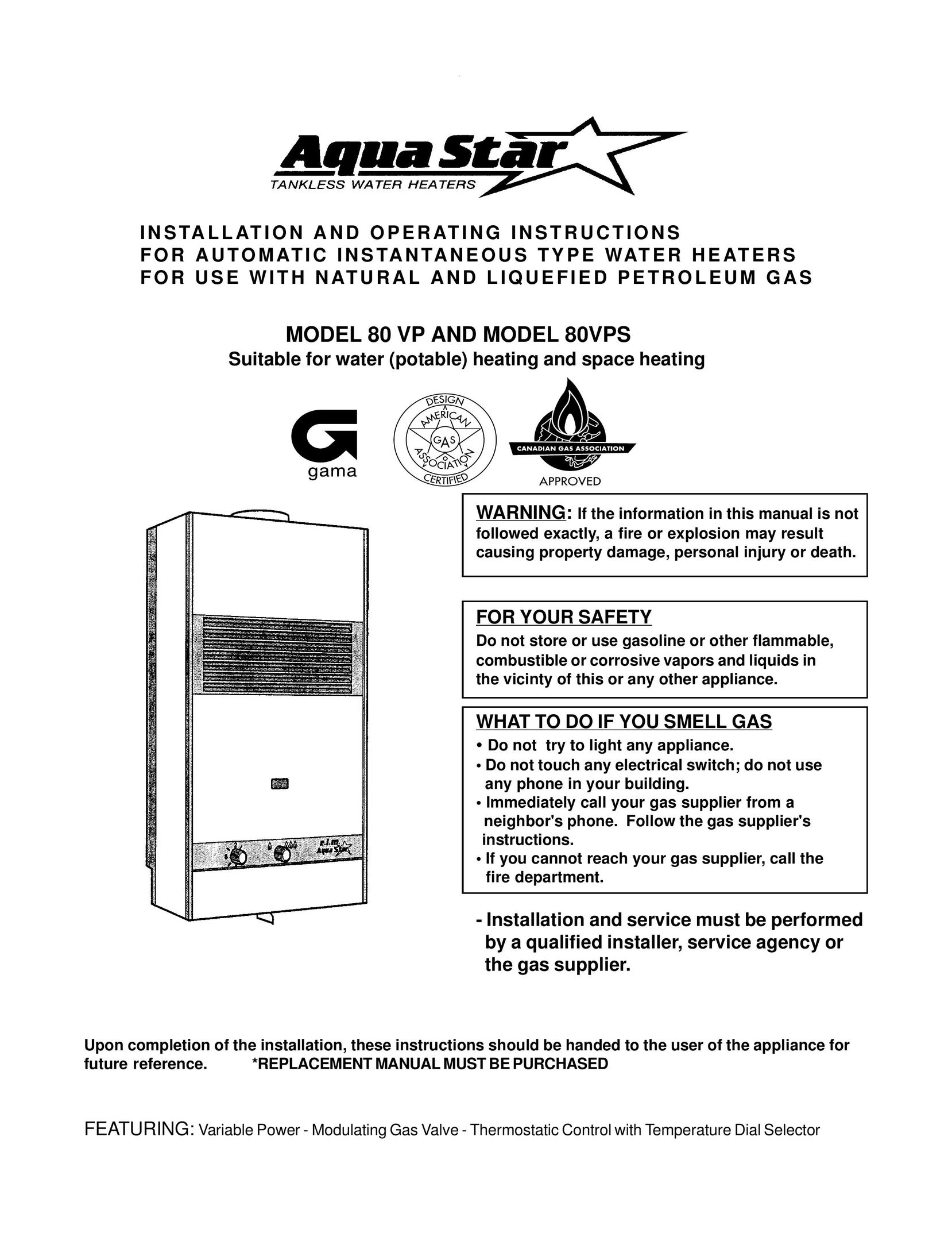 AquaStar 80 VP Water Heater User Manual