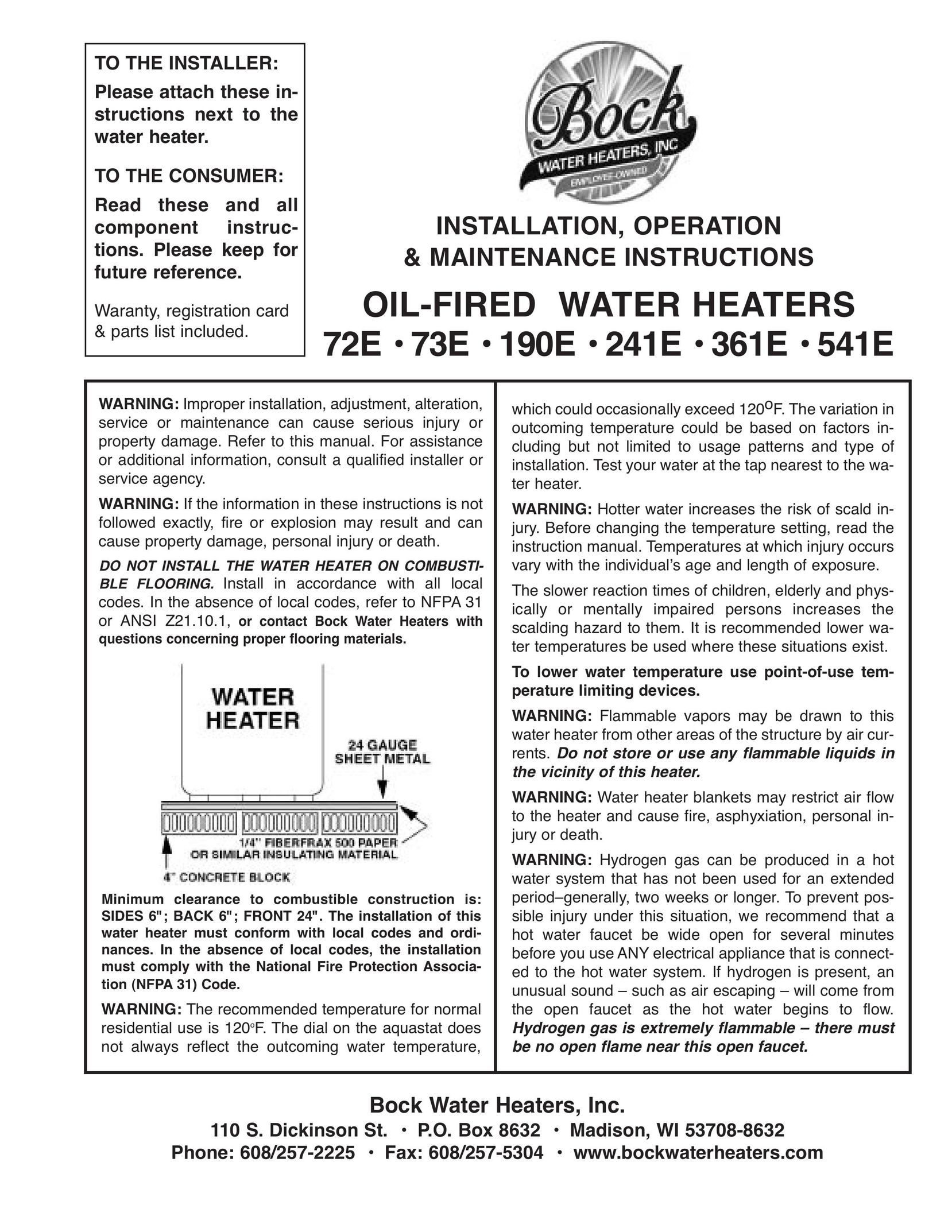 Bock Water heaters 541E Water Heater User Manual
