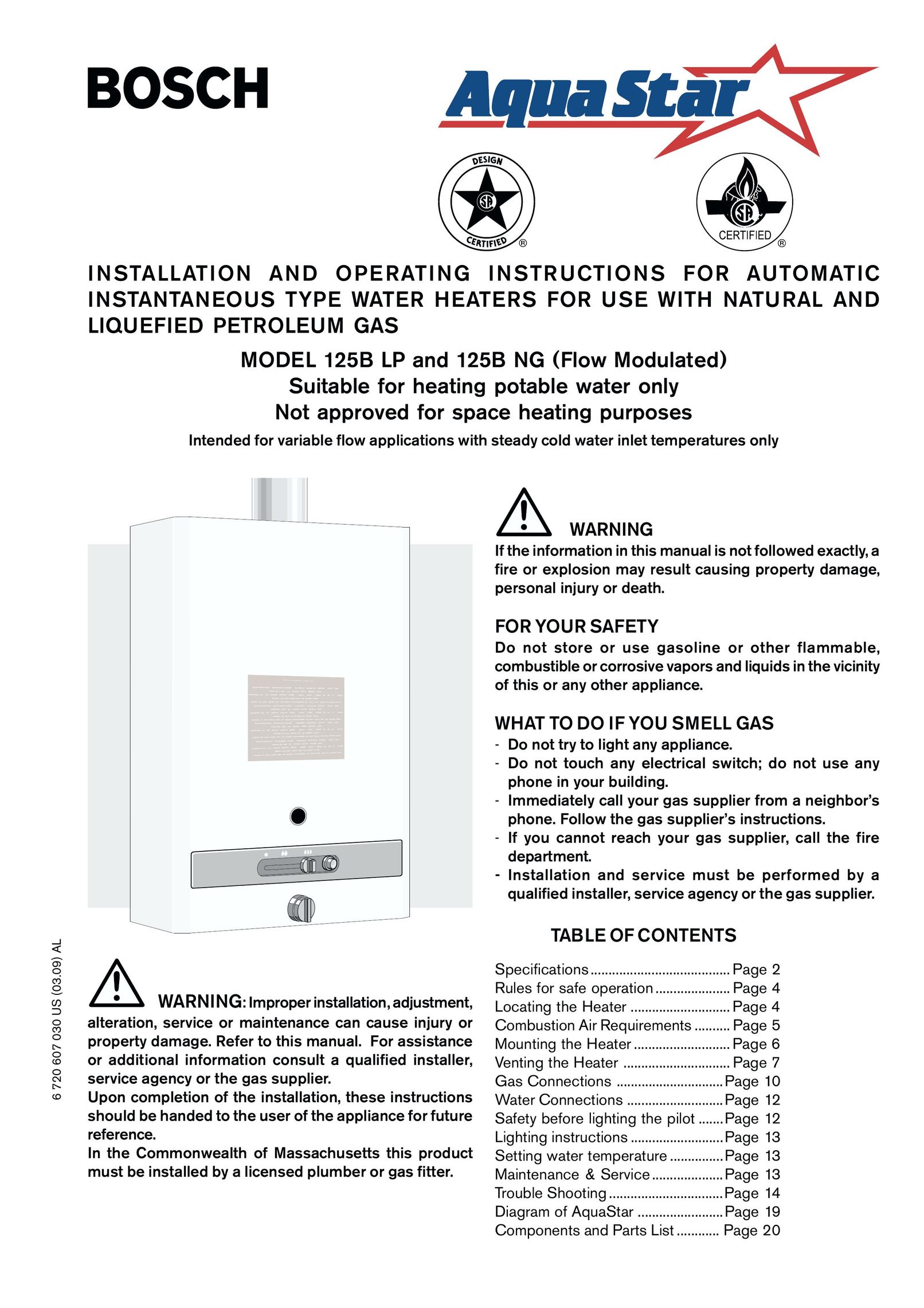 Bosch Appliances 125B LP Water Heater User Manual