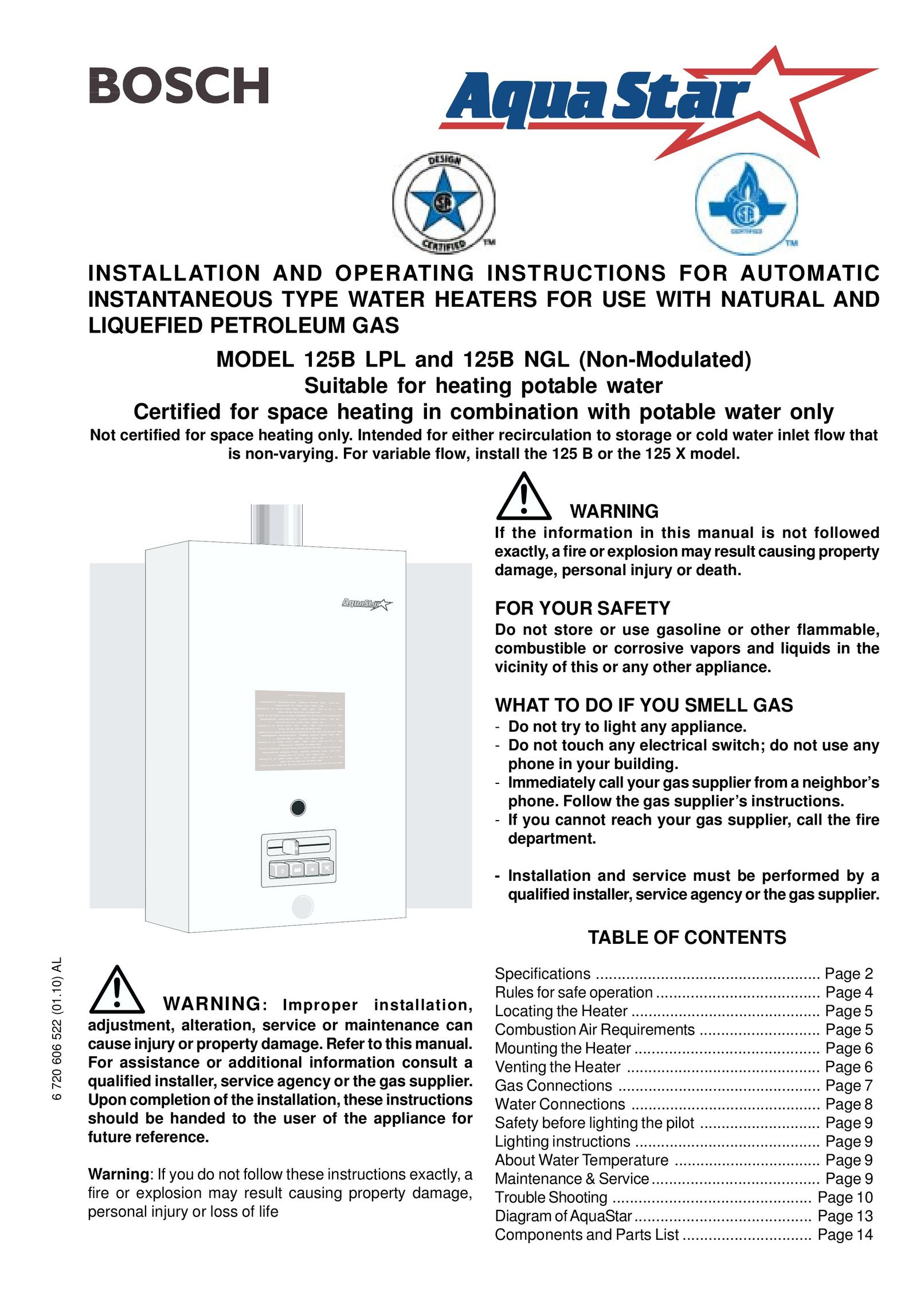Bosch Appliances 125B LPL Water Heater User Manual
