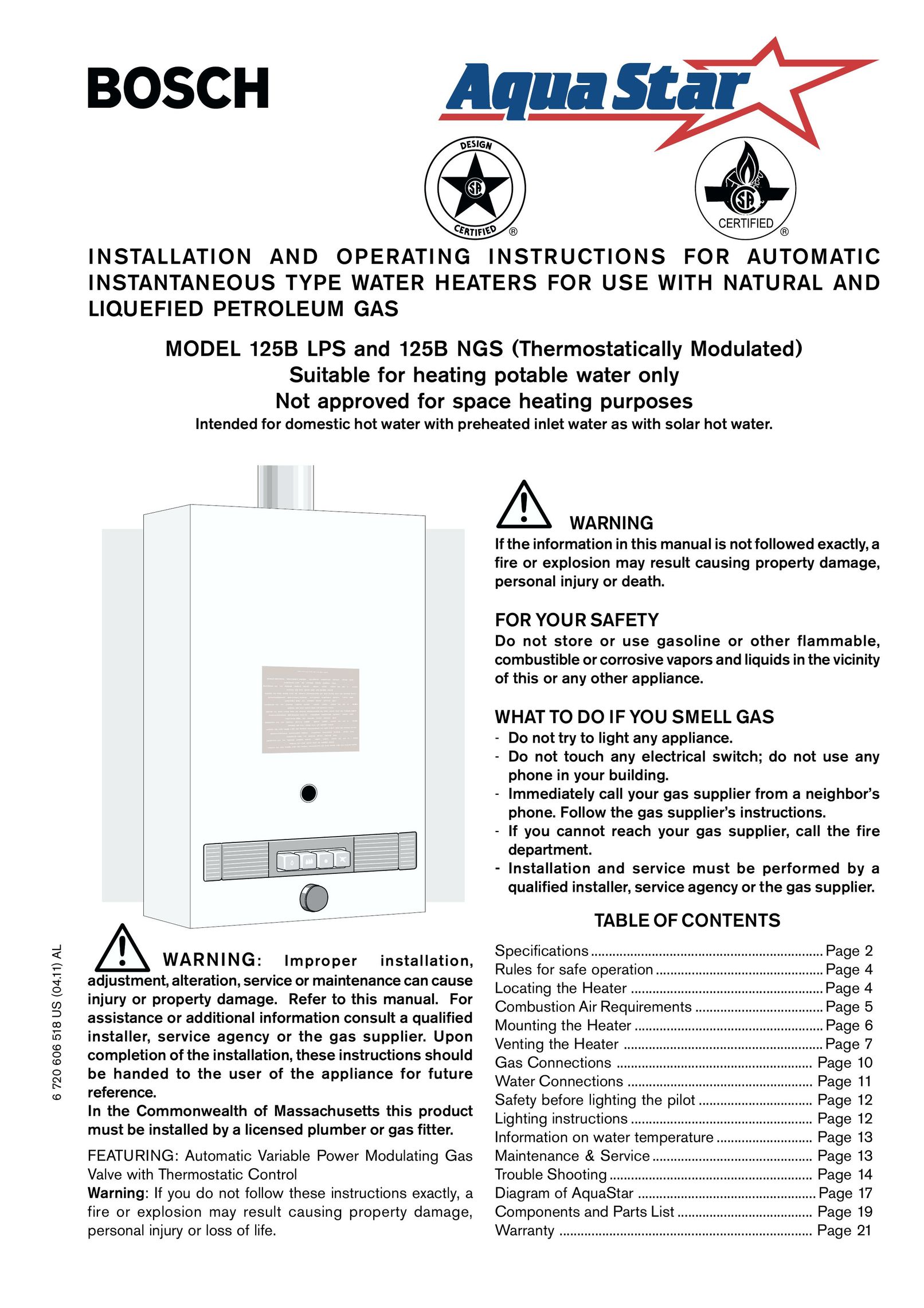 Bosch Appliances 125B LPS Water Heater User Manual