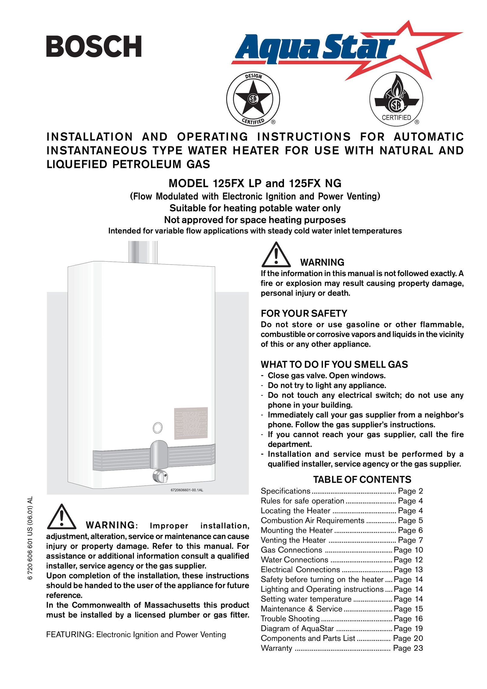 Bosch Appliances 125FX LP Water Heater User Manual