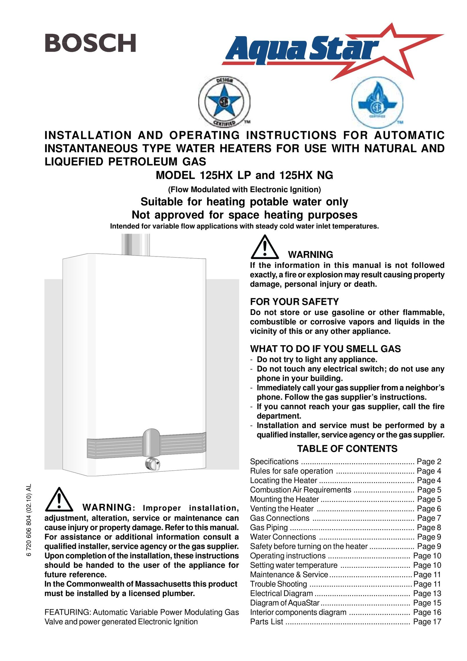 Bosch Appliances 125HX NG Water Heater User Manual