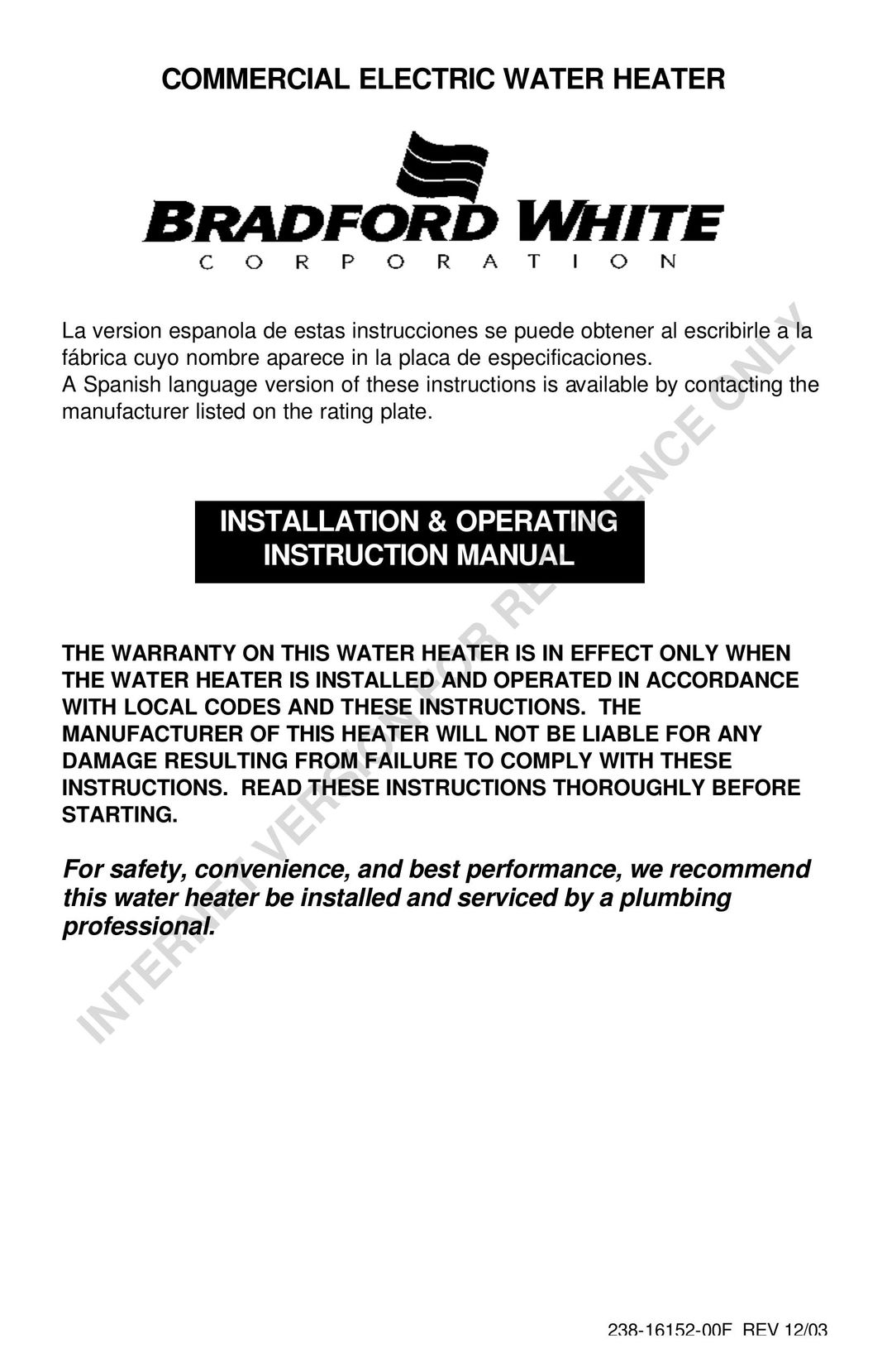 Bradford-White Corp 238-16152-00F Water Heater User Manual