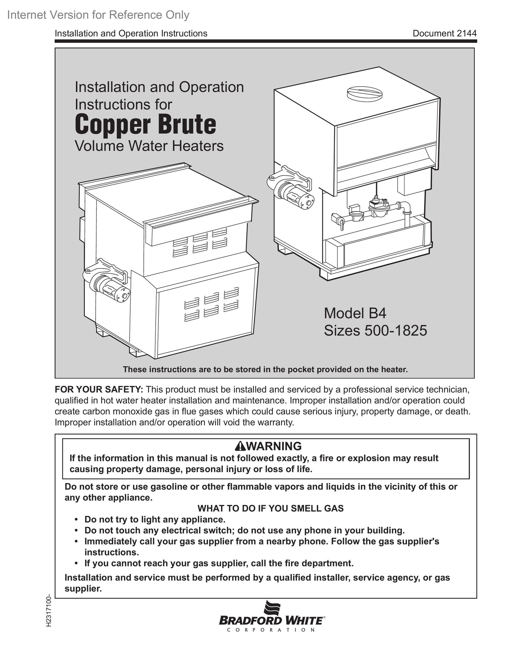 Bradford-White Corp 500-1825 Water Heater User Manual