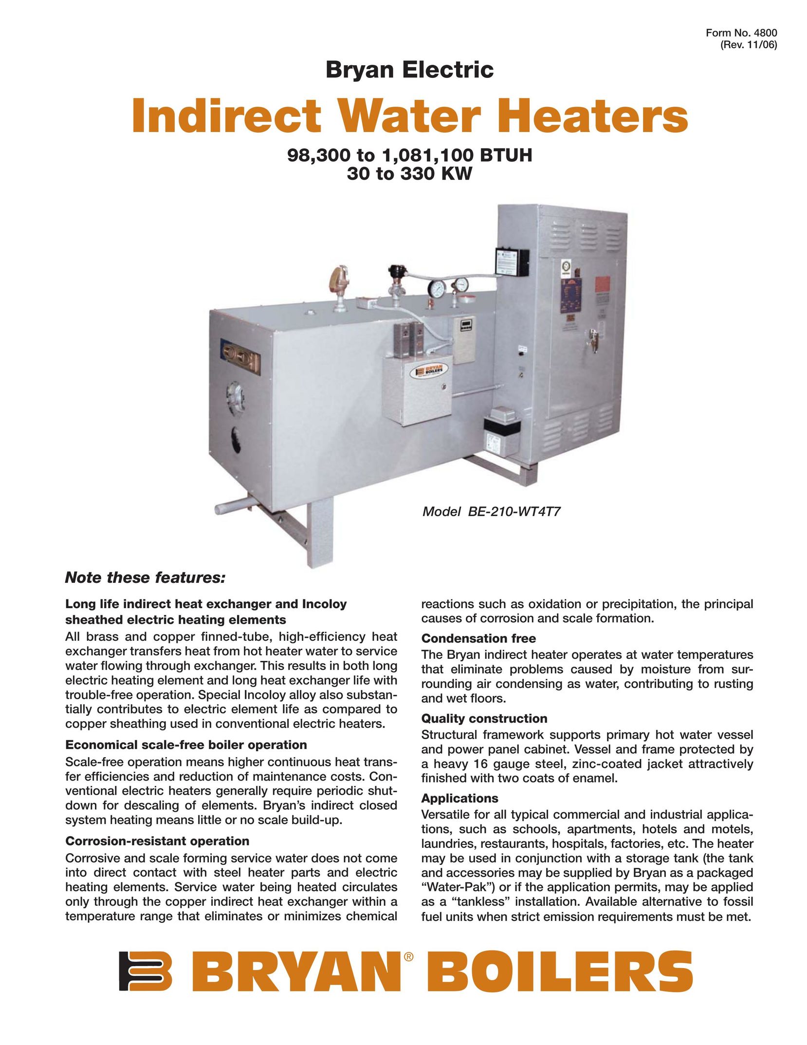 Bryan Boilers BE-210-WT4T7 Water Heater User Manual