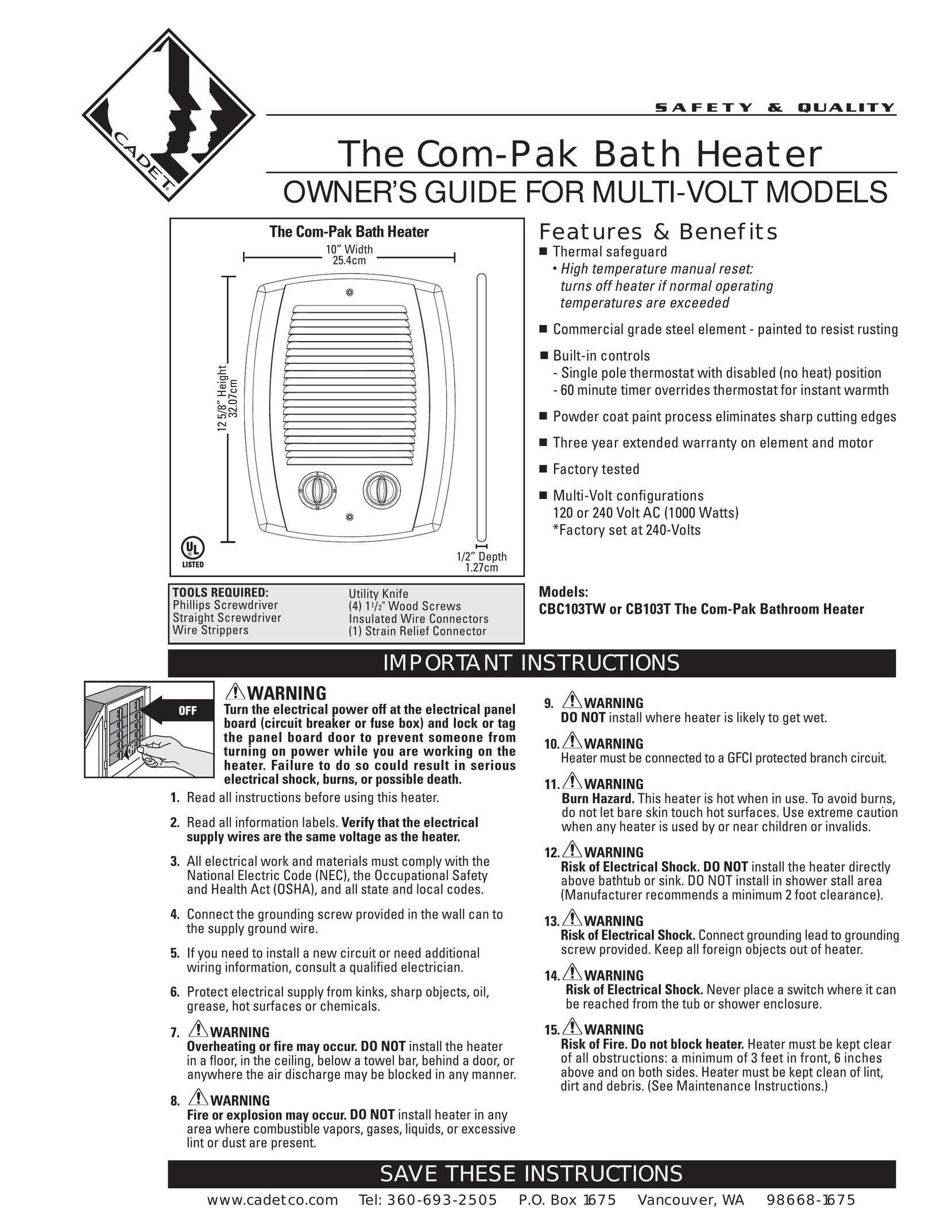 Cadet CBC103TW Water Heater User Manual