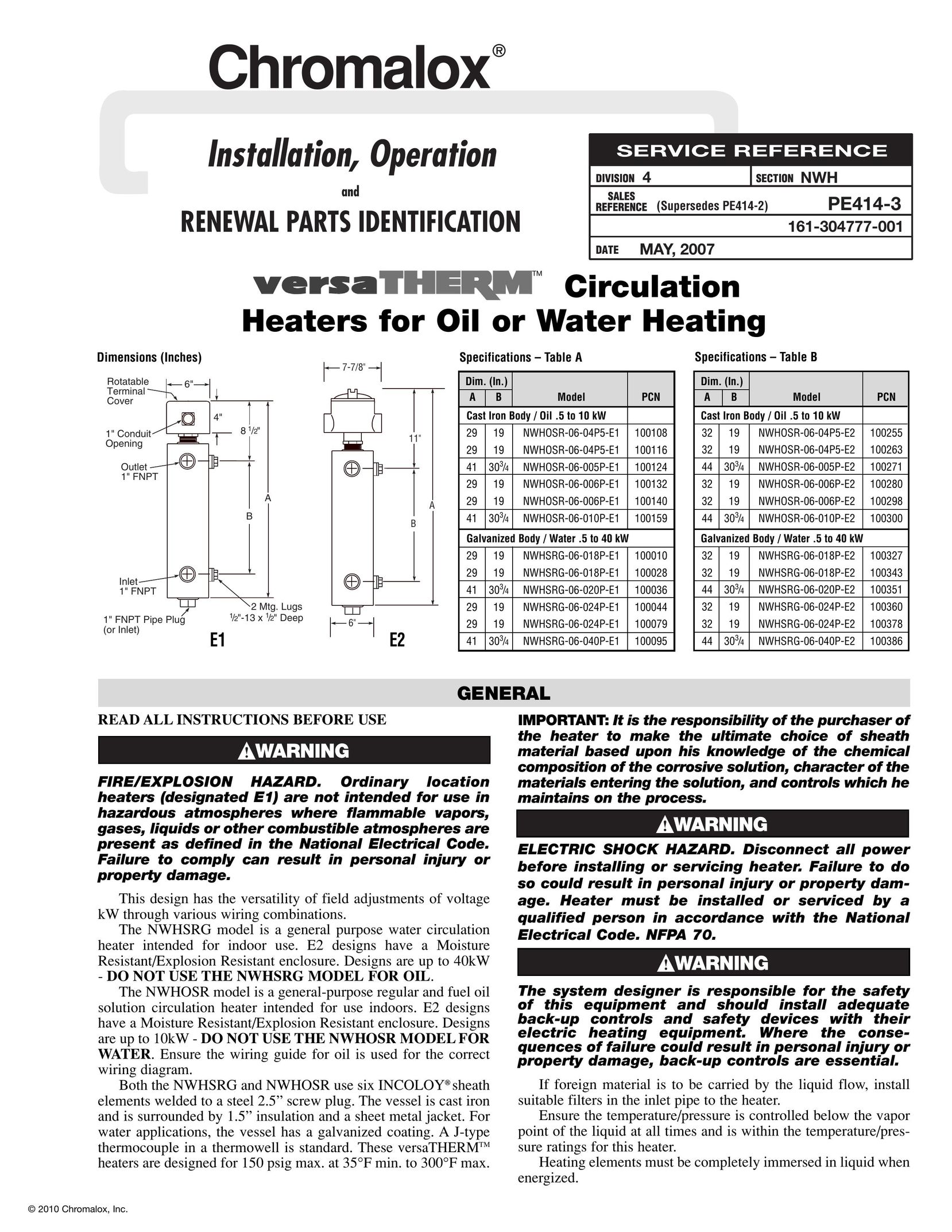Chromalox PE414-3 Water Heater User Manual