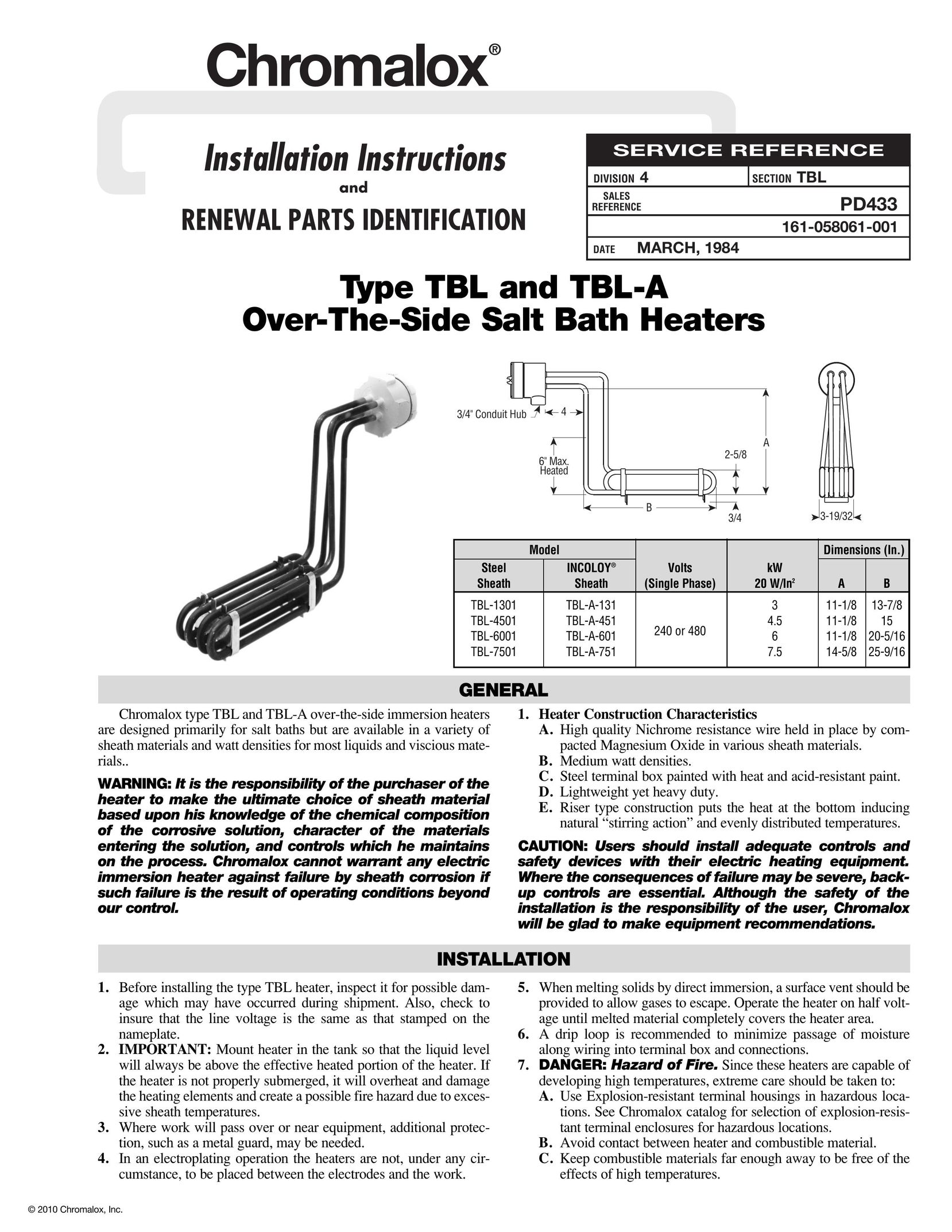 Chromalox TBL Water Heater User Manual