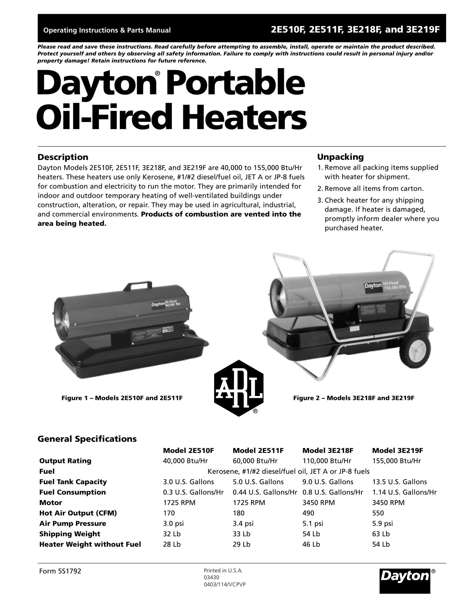 Dayton 5S1792 Water Heater User Manual