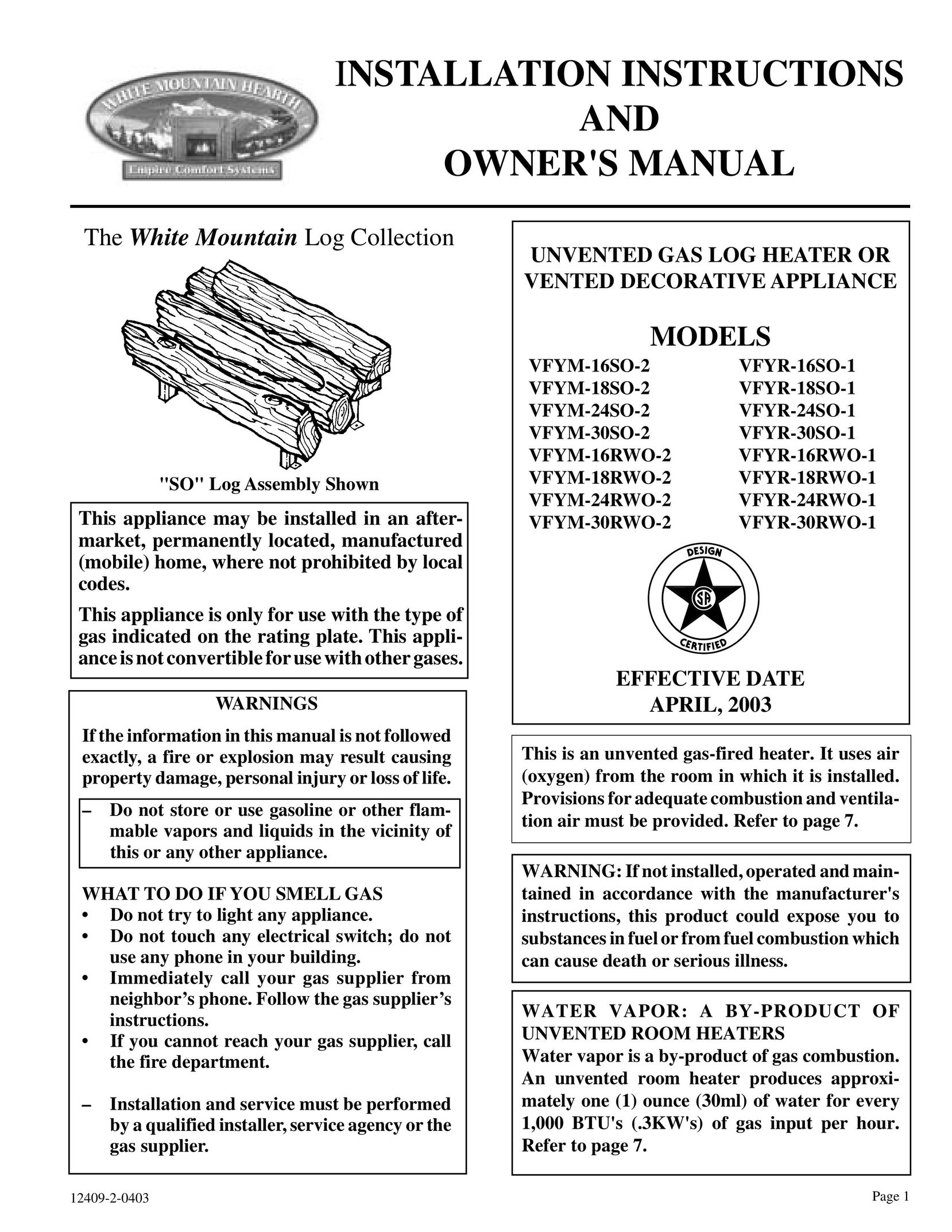 Empire Comfort Systems VFYR-16RWO-1 Water Heater User Manual