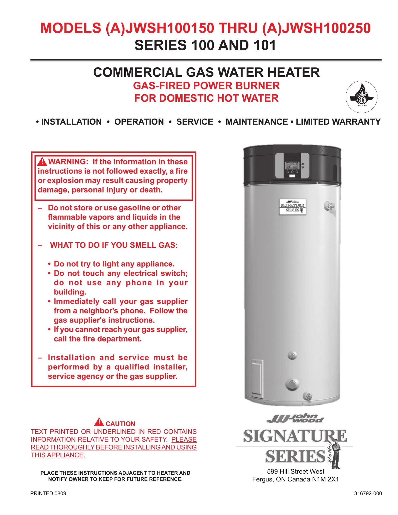 Ferguson JWSH100250 Water Heater User Manual