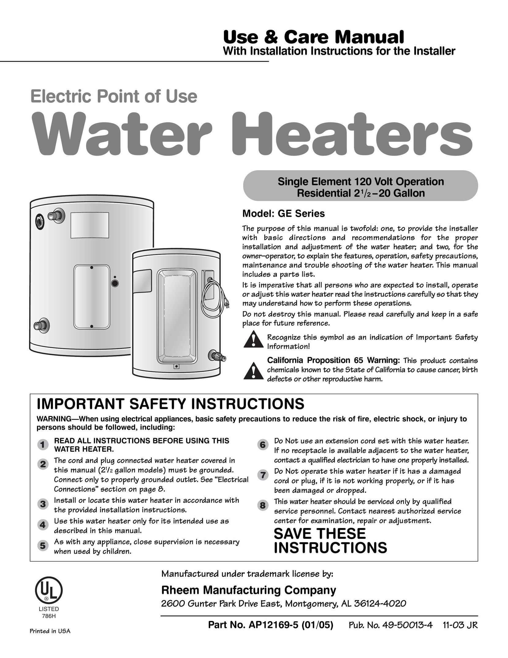 GE AP12169-5 Water Heater User Manual
