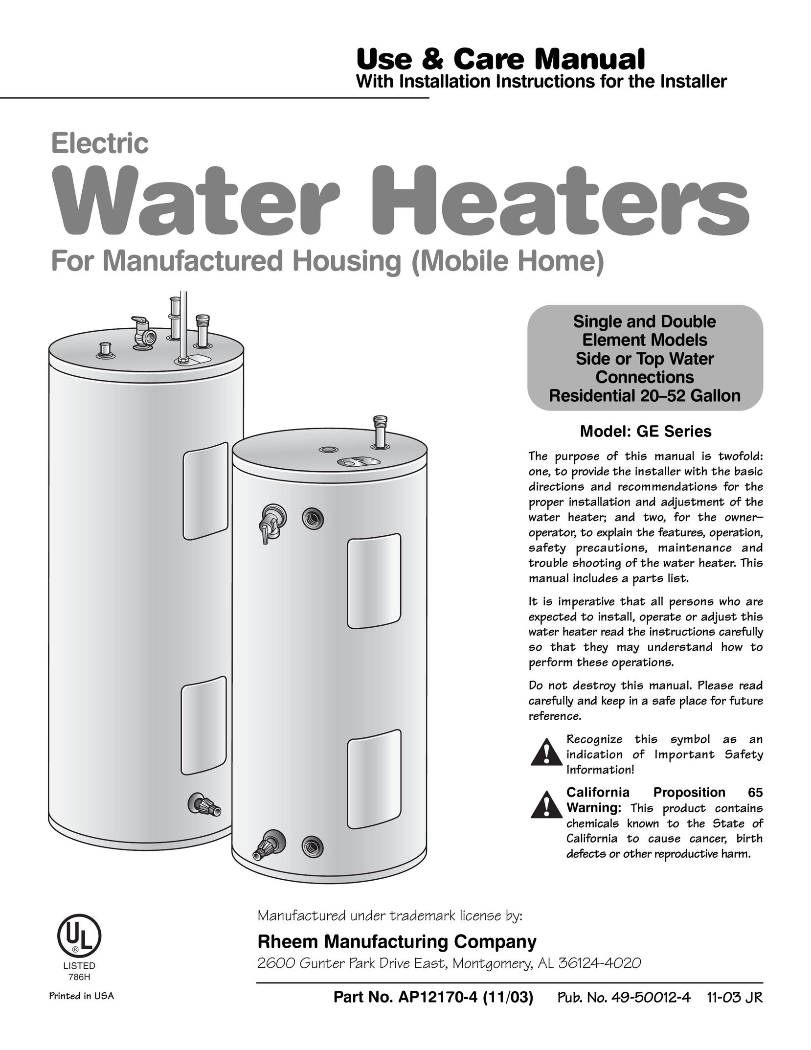GE AP12170-4 Water Heater User Manual