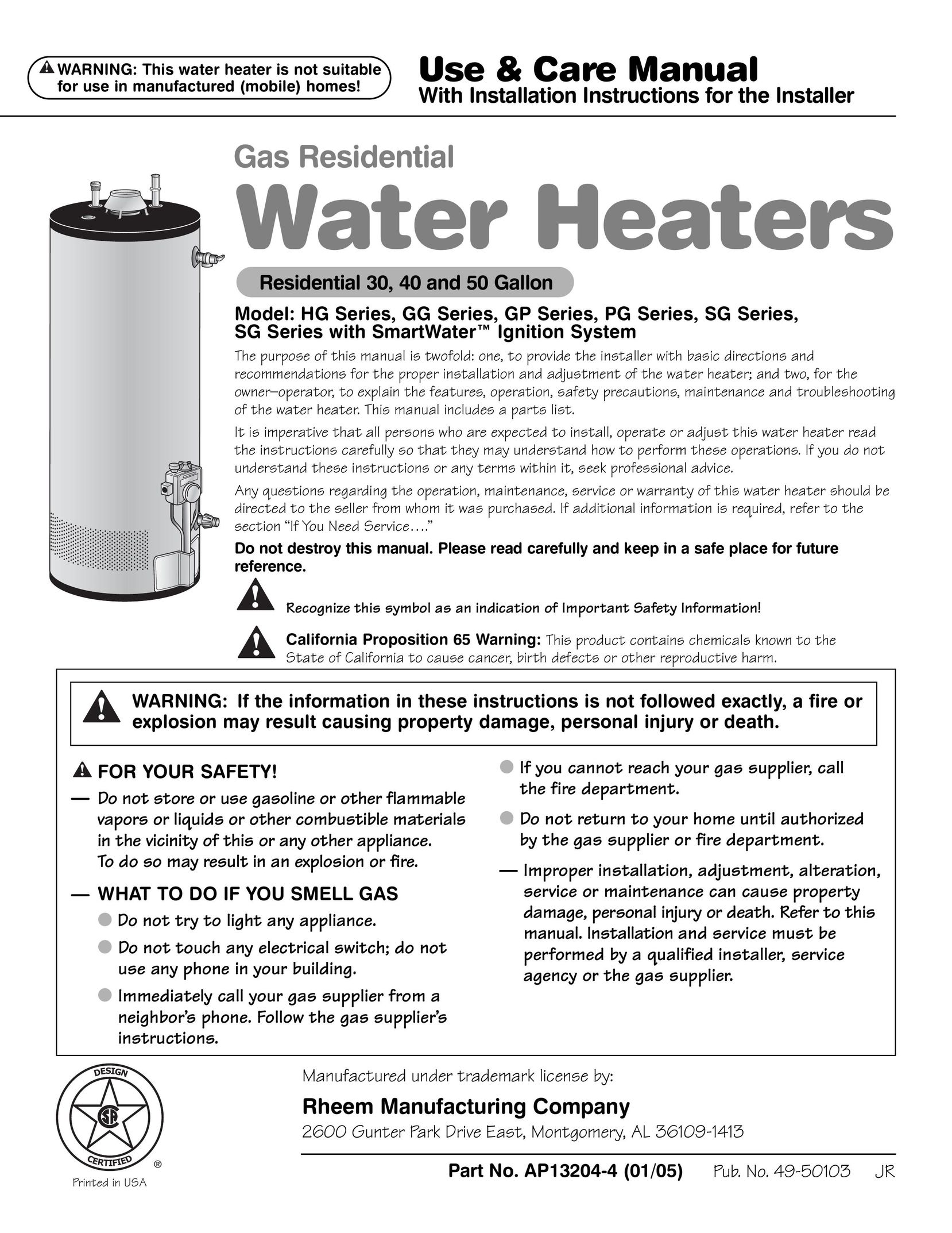 GE SG Series Water Heater User Manual