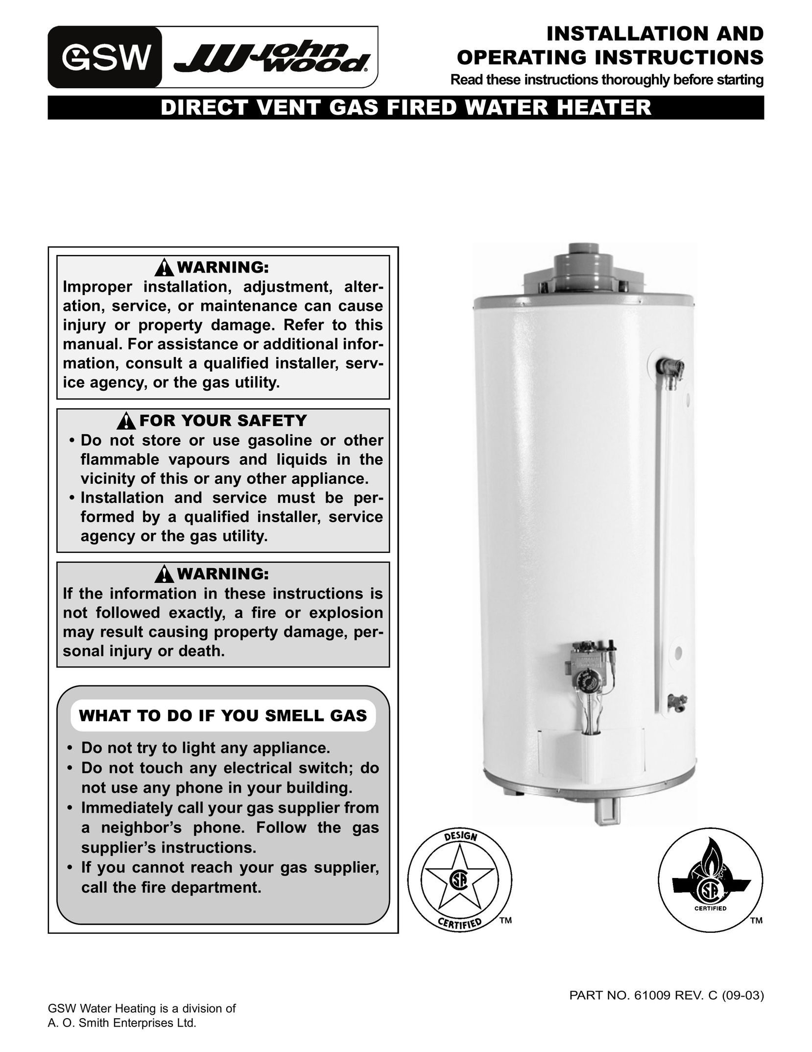 GSW 61009 REV. C (09-03) Water Heater User Manual