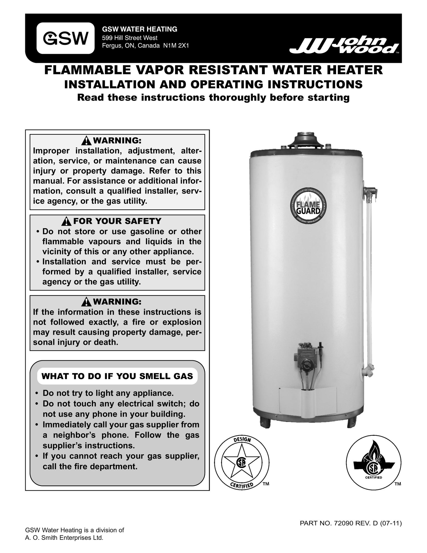 GSW 72090 Water Heater User Manual