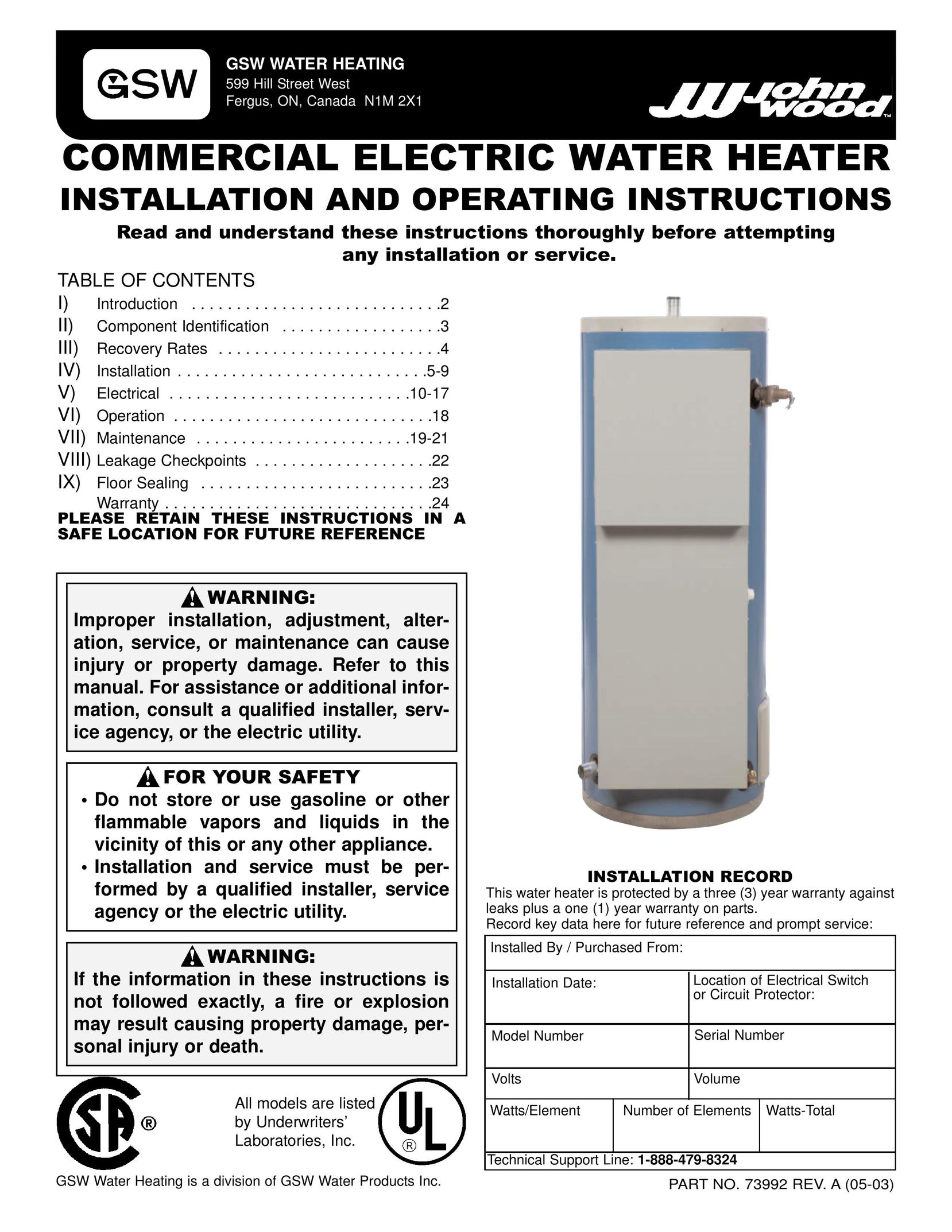 GSW 73992 Water Heater User Manual