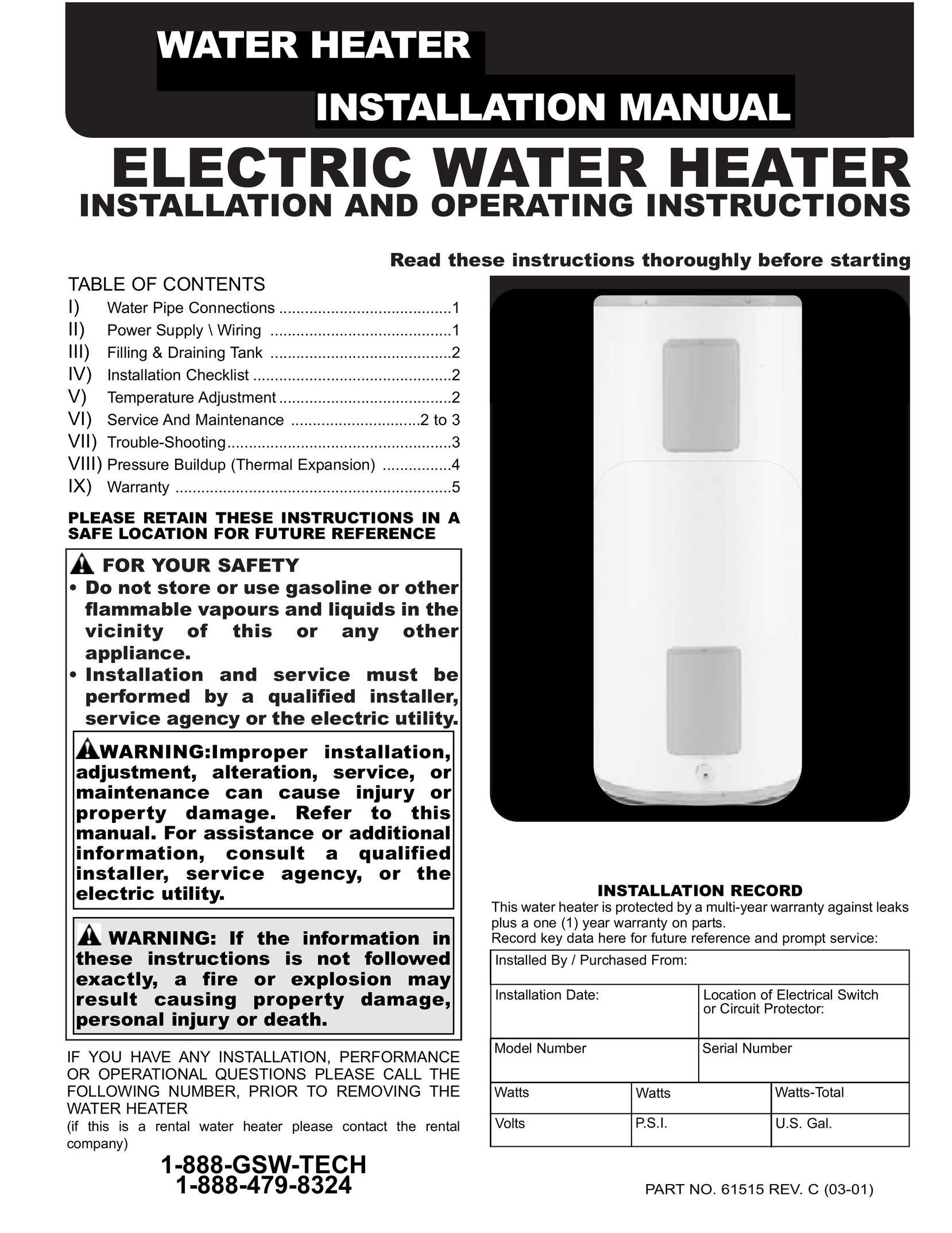 GSW Electric Water Heate Water Heater User Manual