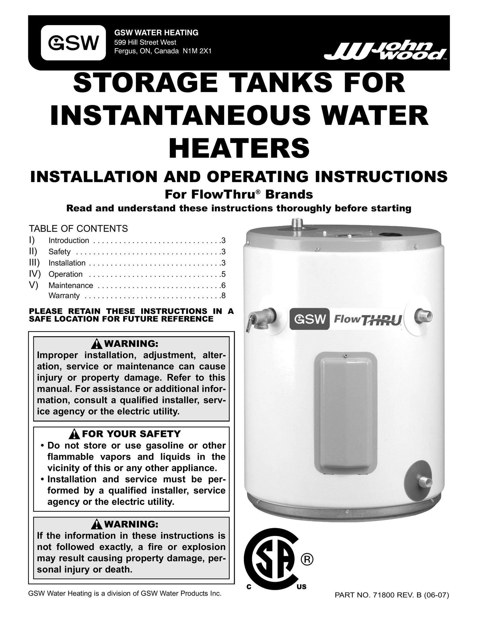 GSW FlowThru Water Heater User Manual