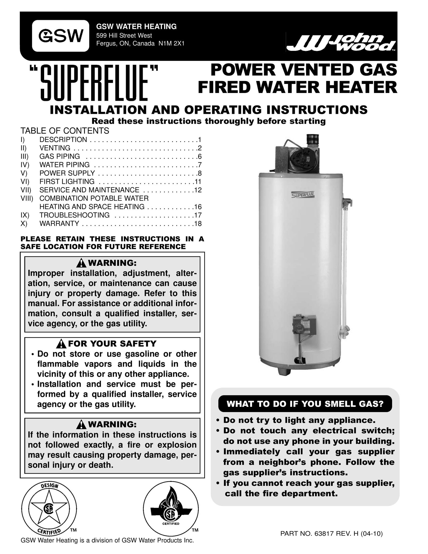 GSW Gas Fired Water Heater Water Heater User Manual