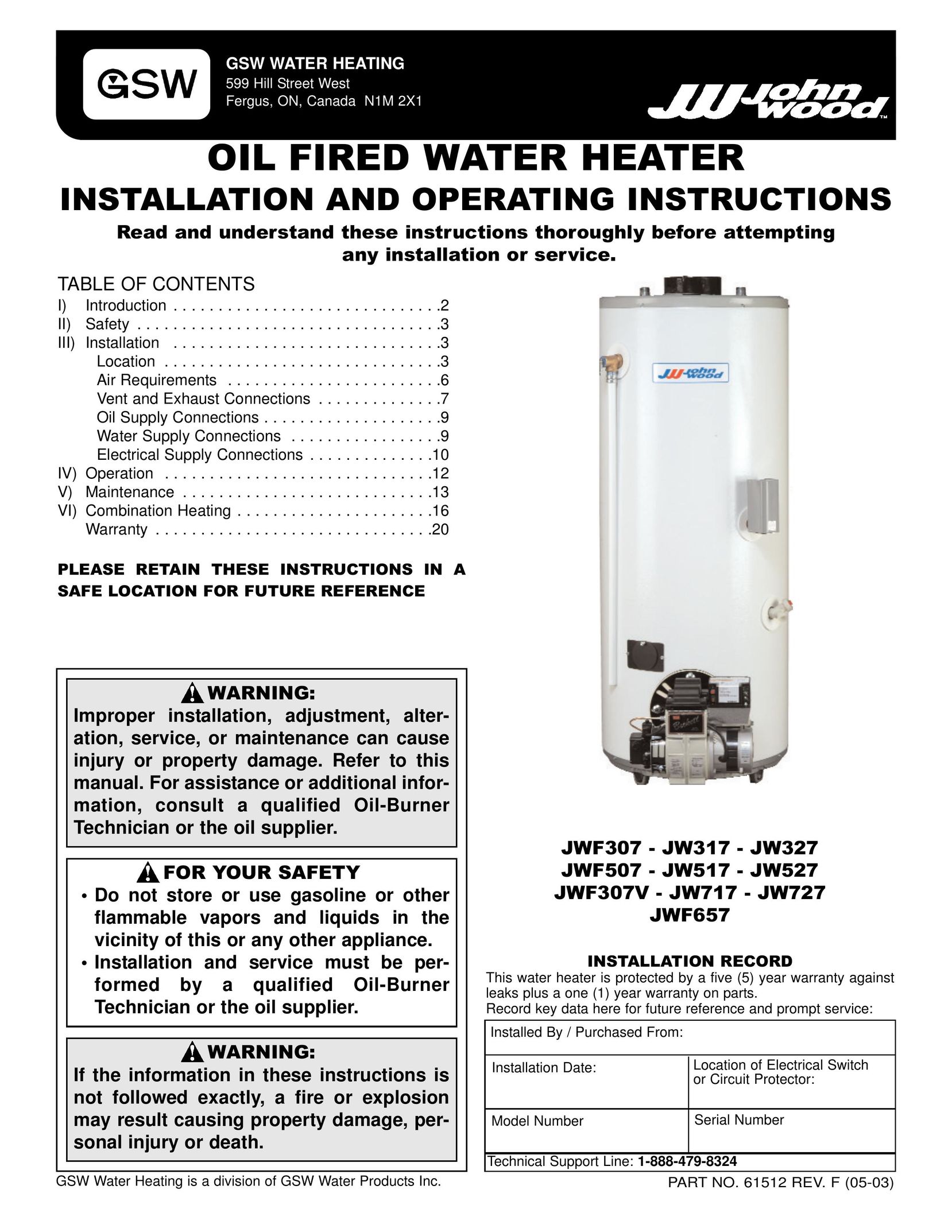 GSW JW317 Water Heater User Manual