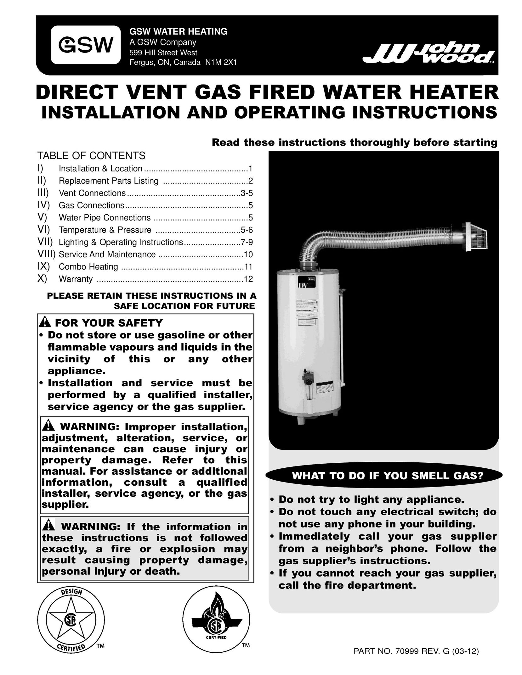 GSW PART NO.70999 REV.G (03-12) Water Heater User Manual