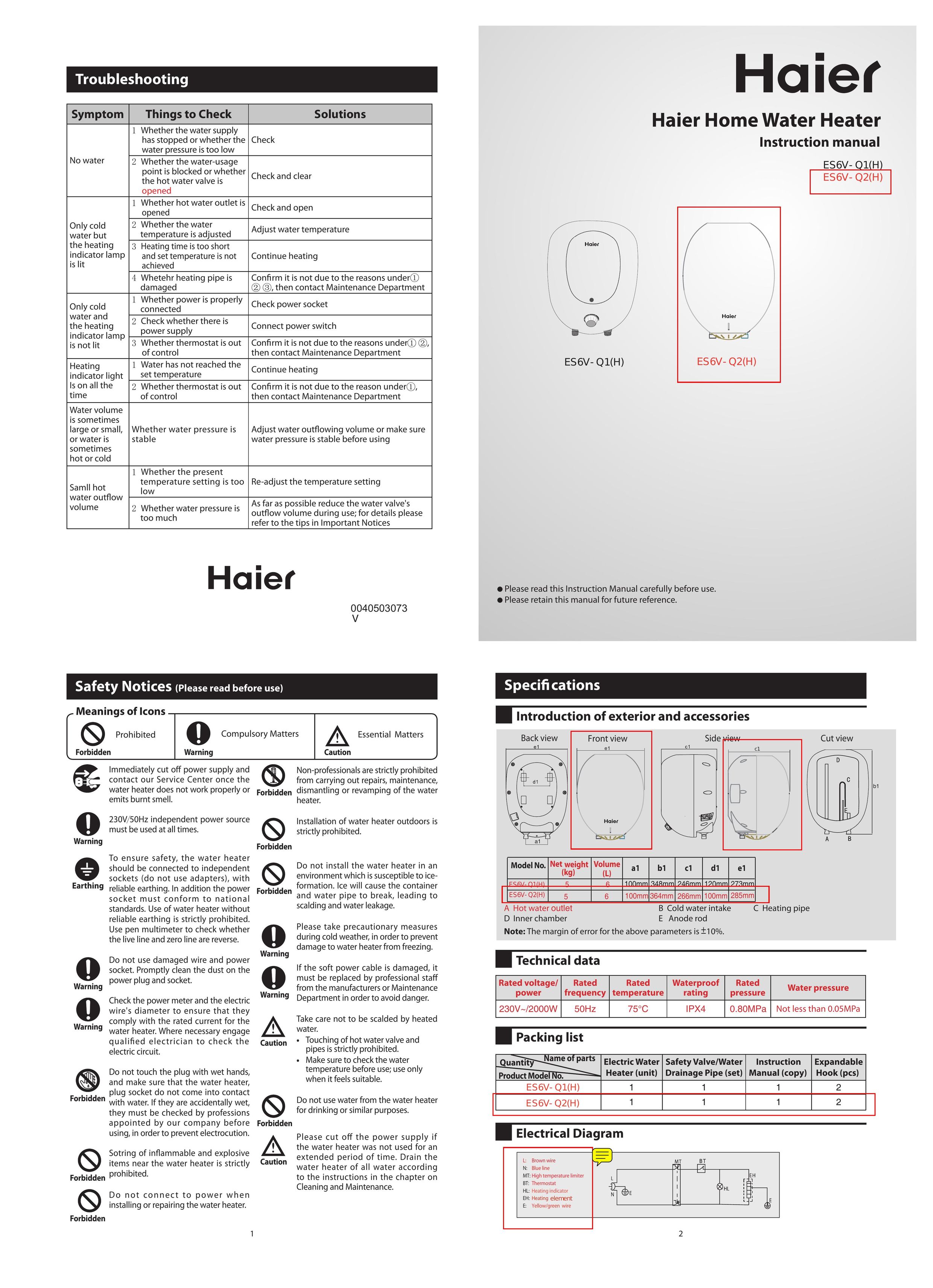 Haier 40503073 Water Heater User Manual