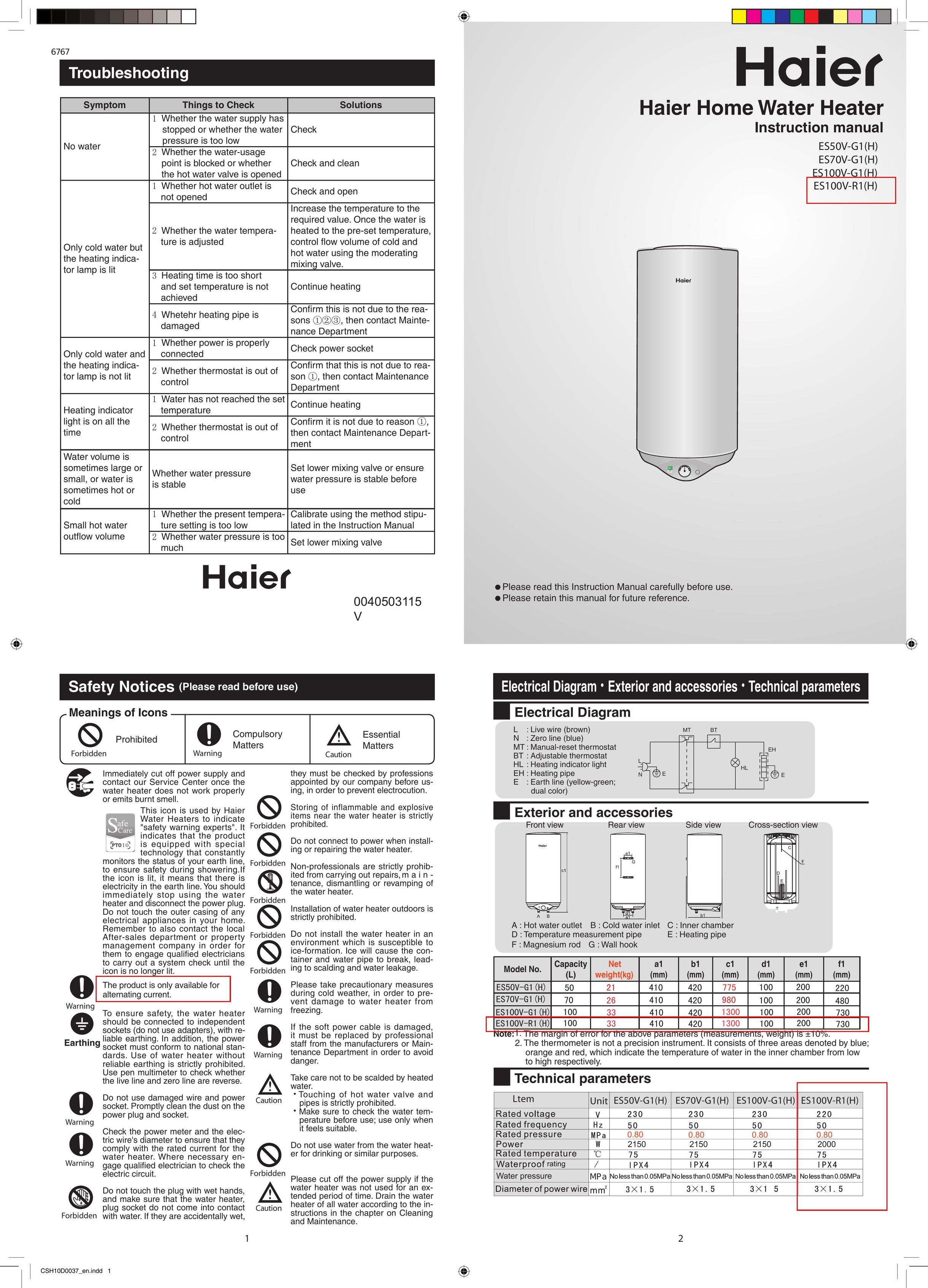 Haier ES100V-G1(H) Water Heater User Manual