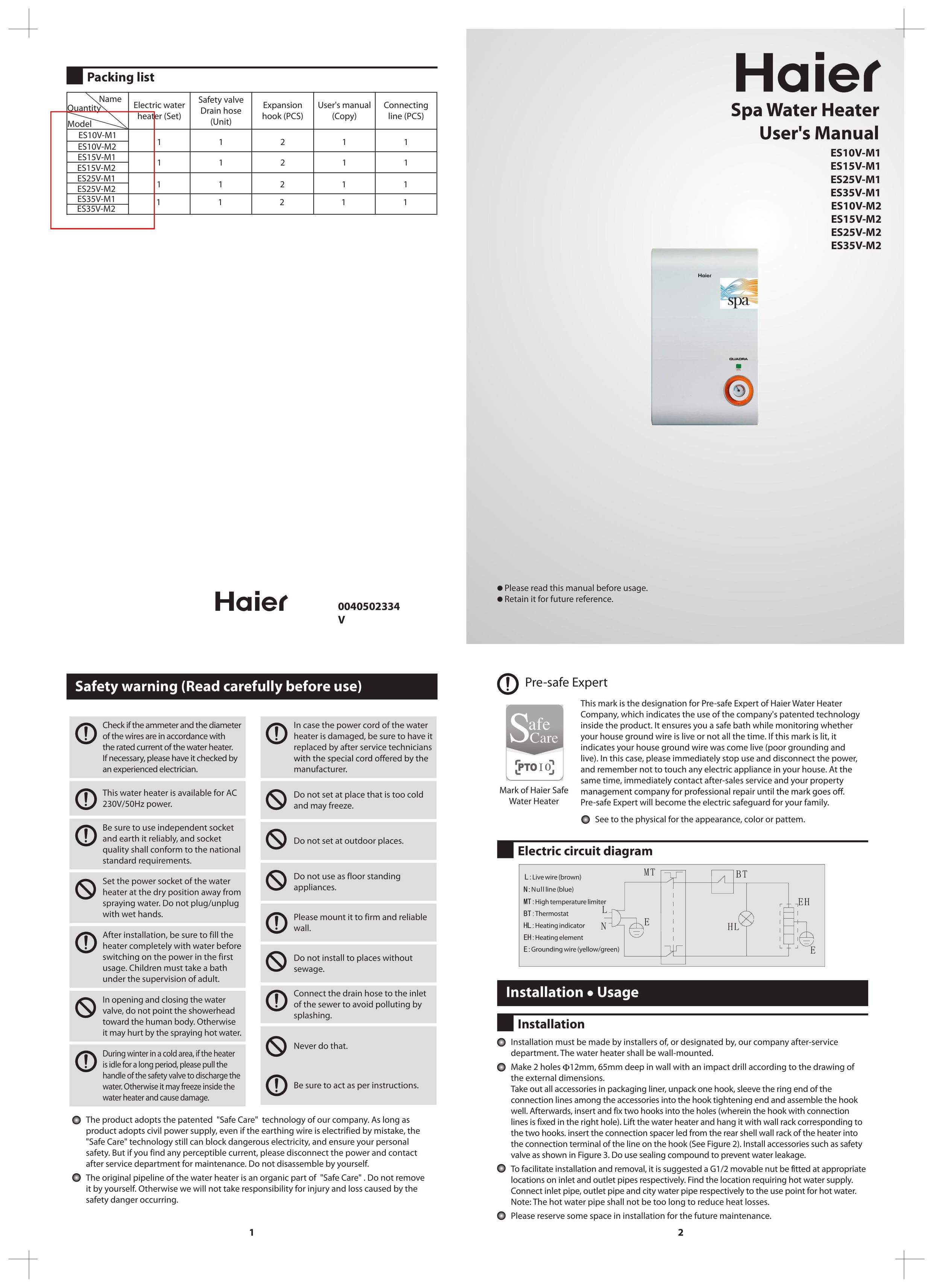 Haier ES10V-M2 Water Heater User Manual