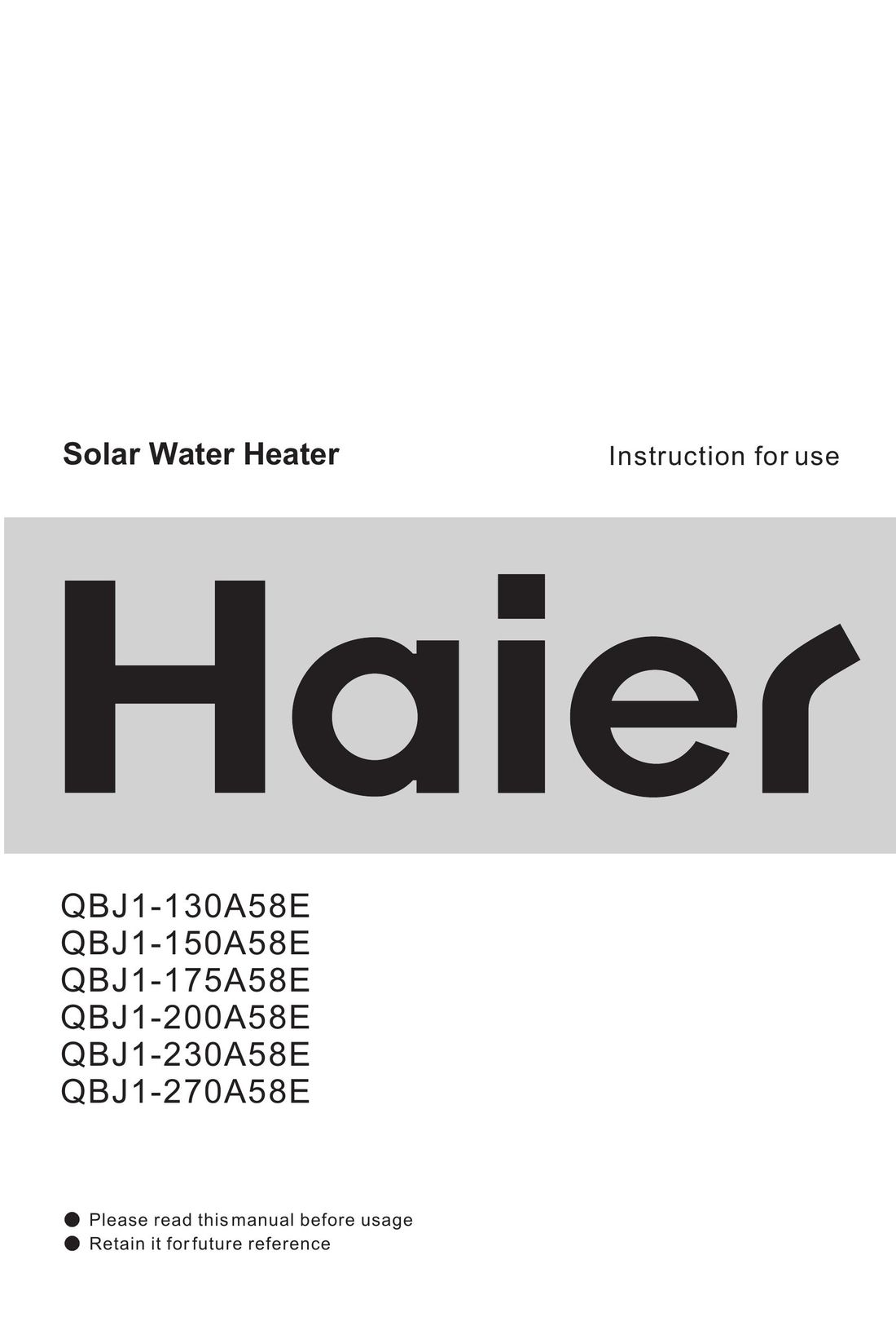 Haier QBJ1-175A58E Water Heater User Manual