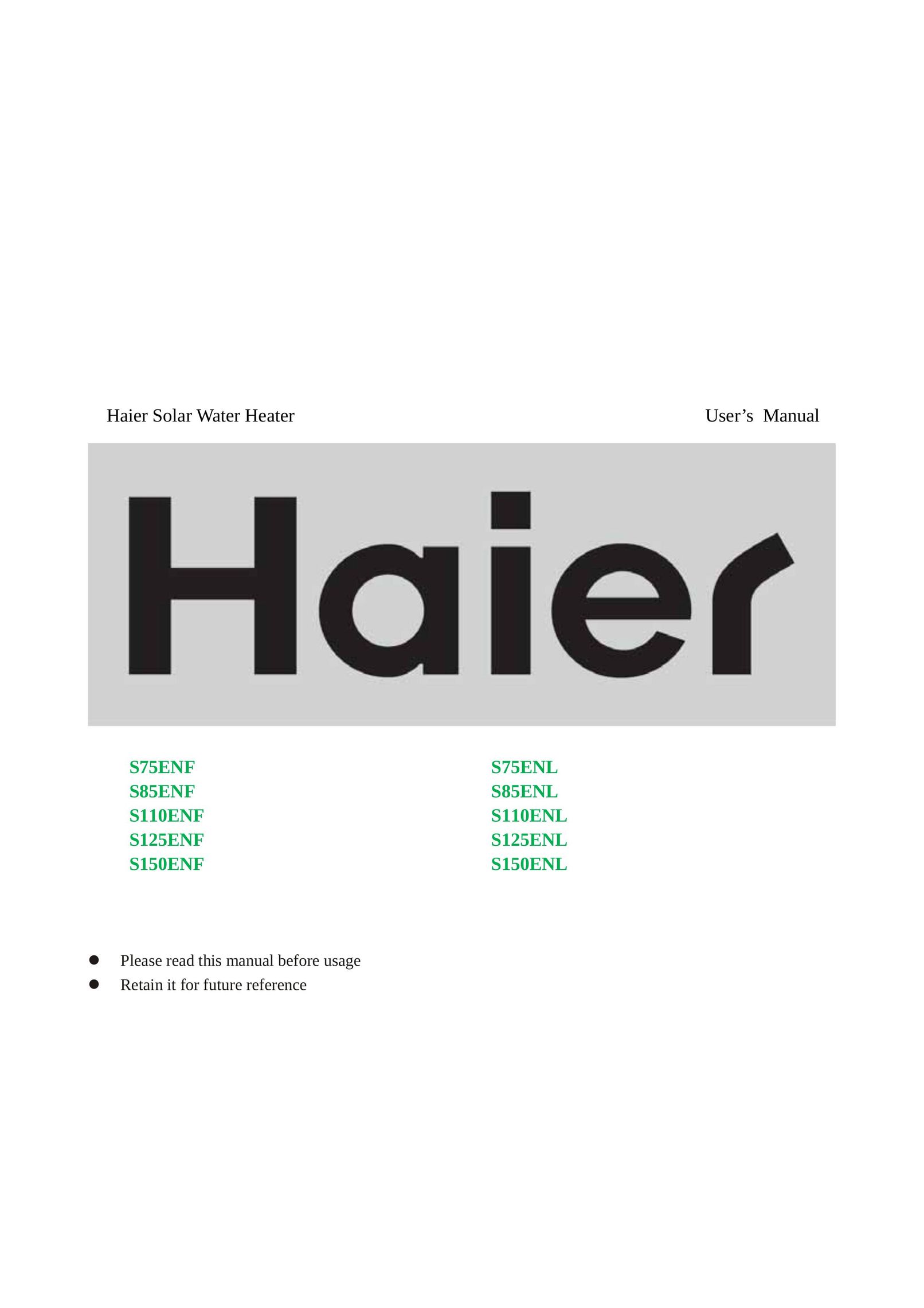 Haier S125ENF Water Heater User Manual