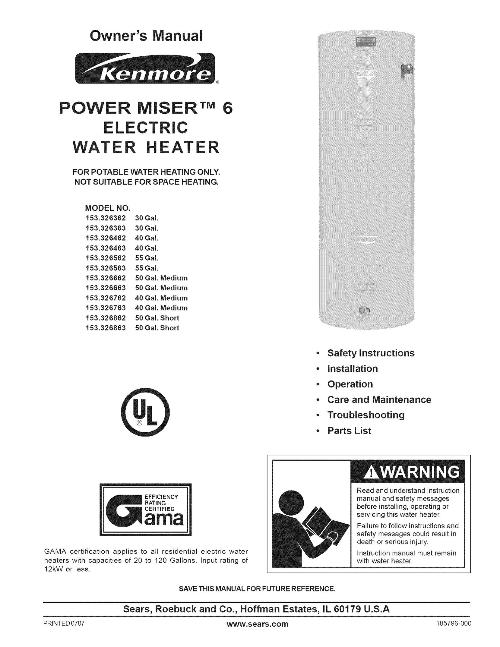 Kenmore 153 Water Heater User Manual