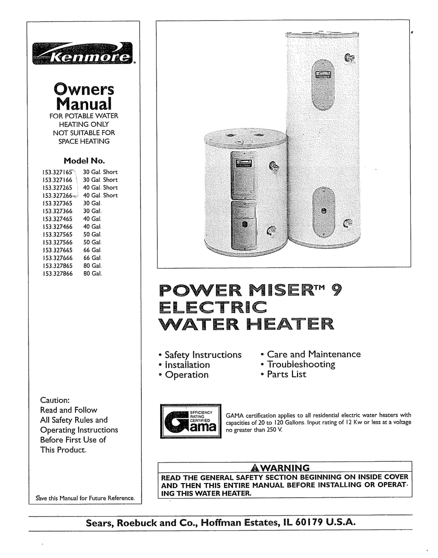 Kenmore 153 327566 50 GAE Water Heater User Manual