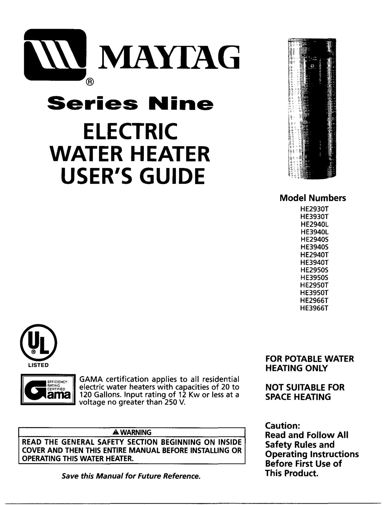 Maytag HE2940L Water Heater User Manual