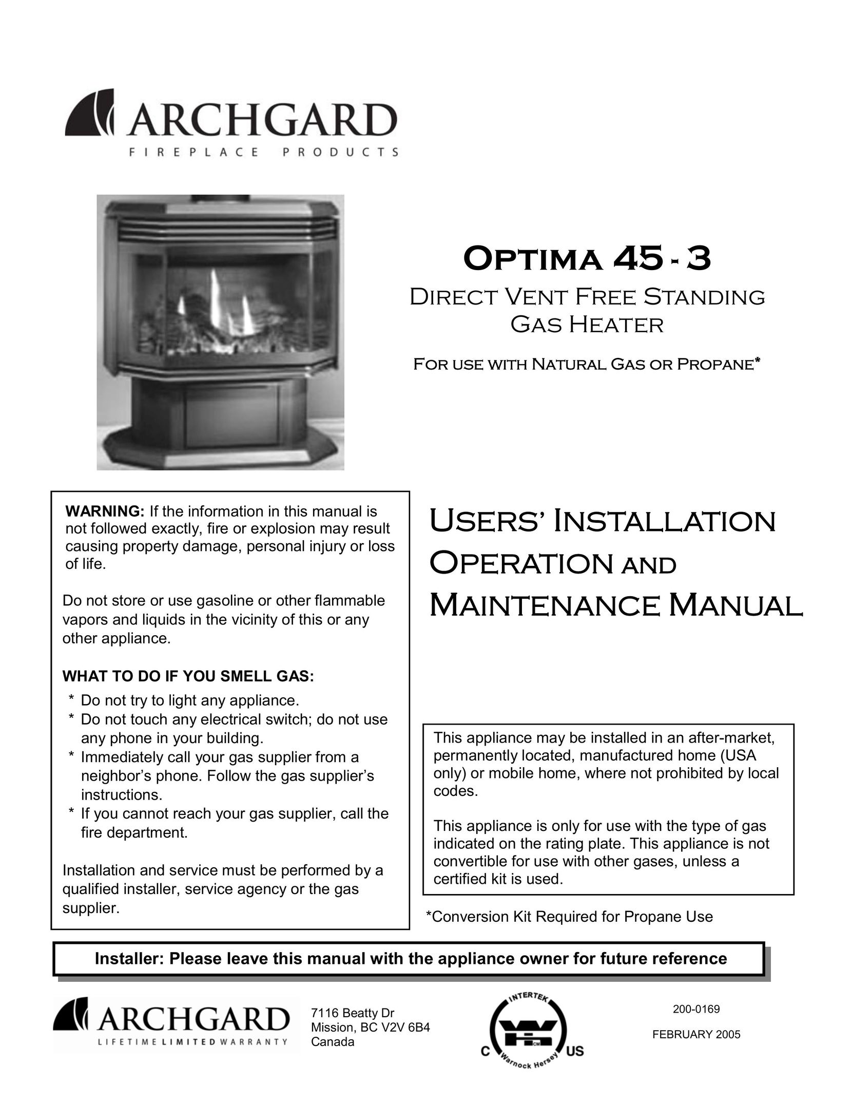 Optima Company 45 - 3 Water Heater User Manual
