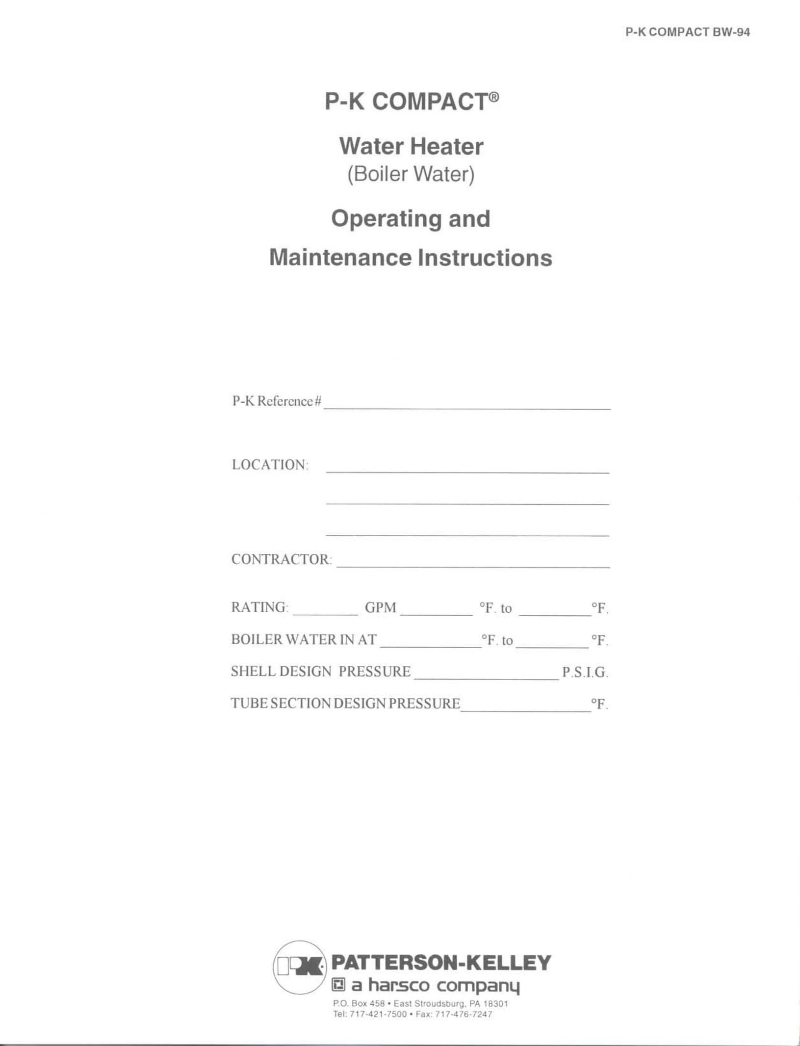 Patterson-Kelley BW-94 Water Heater User Manual
