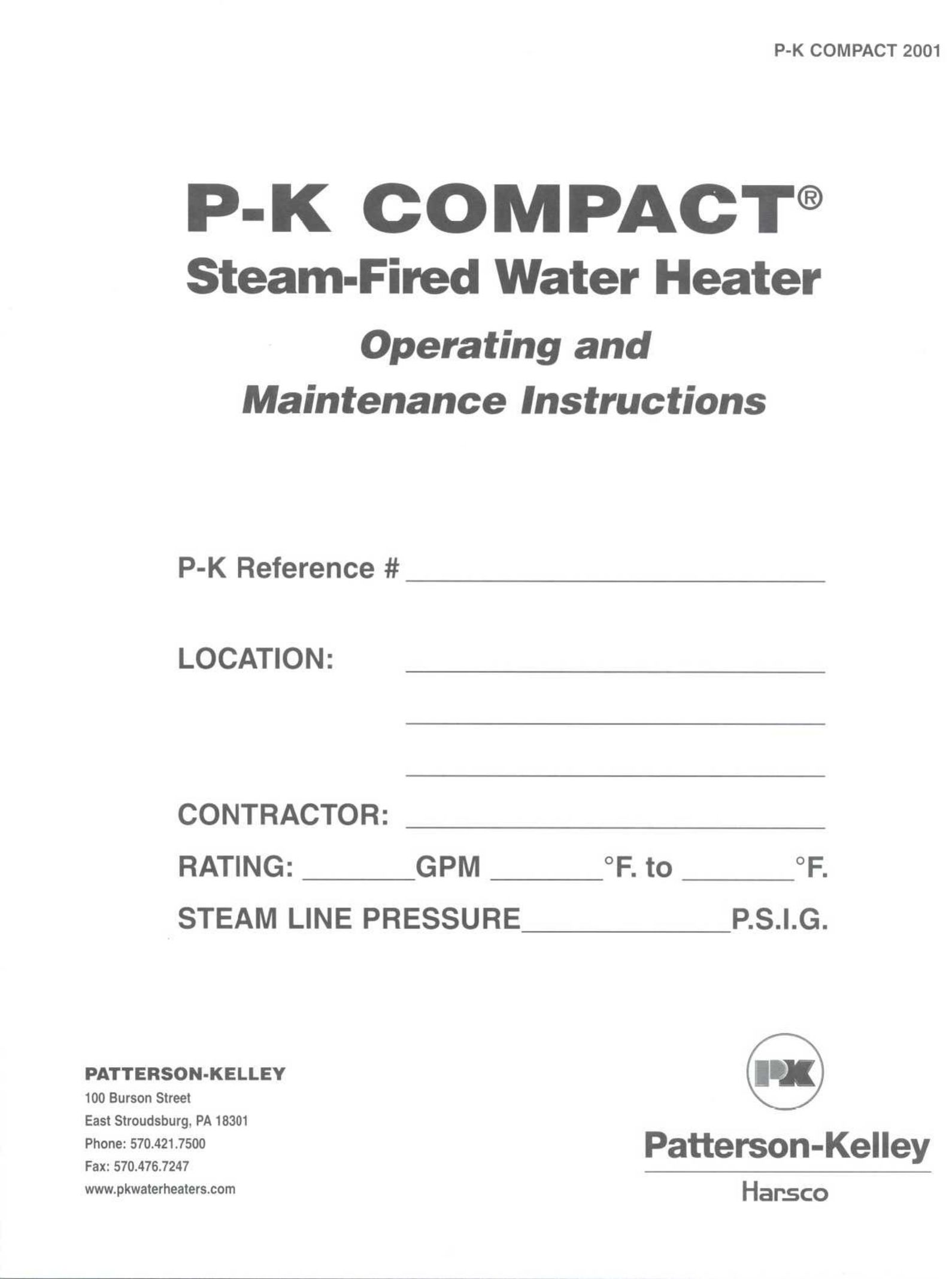 Patterson-Kelley P-K Compact Water Heater User Manual