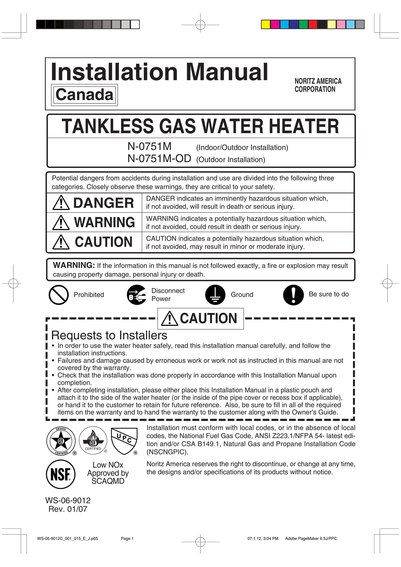 Pentax N-0751M-OD Water Heater User Manual