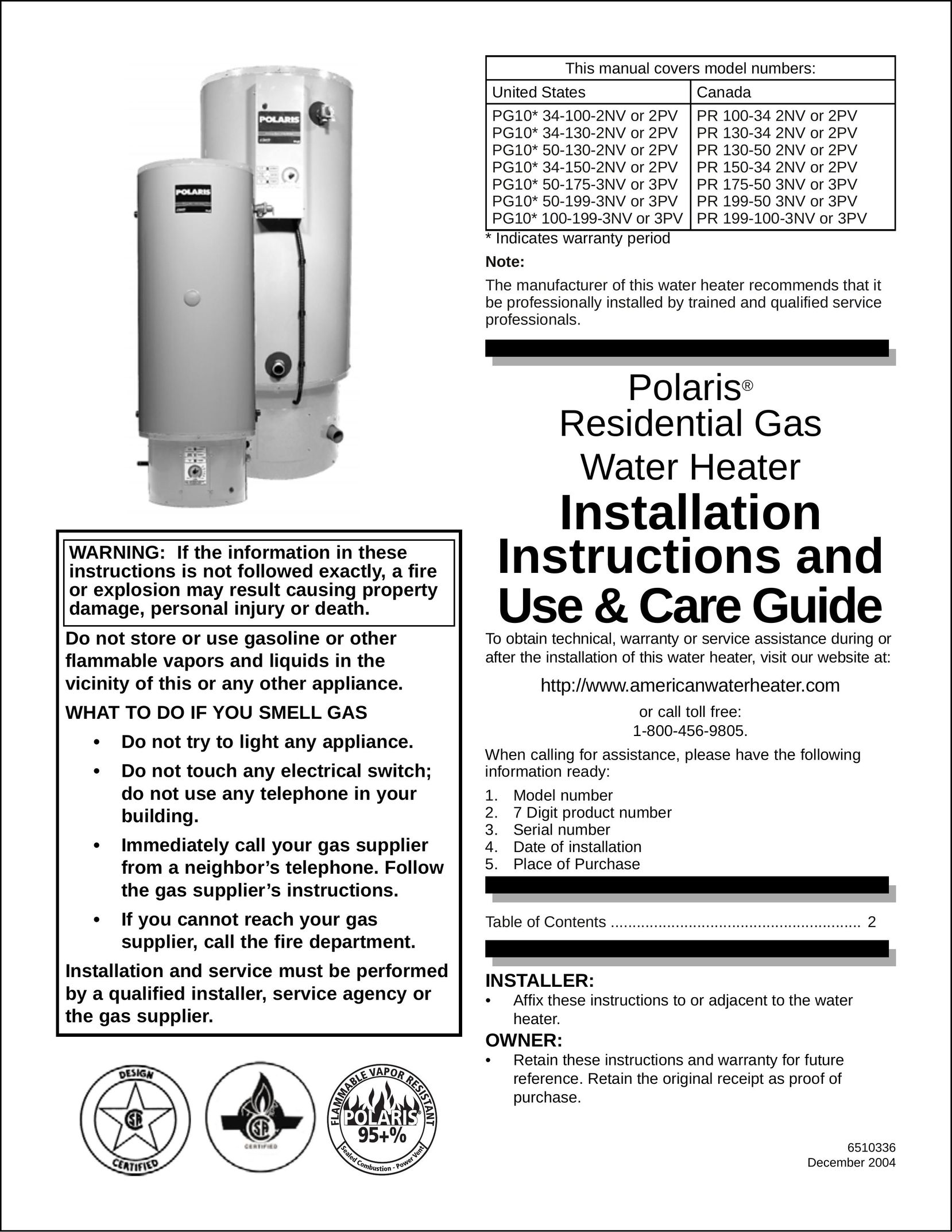 Polaris PG10* 50-130-2NV OR 2PV Water Heater User Manual