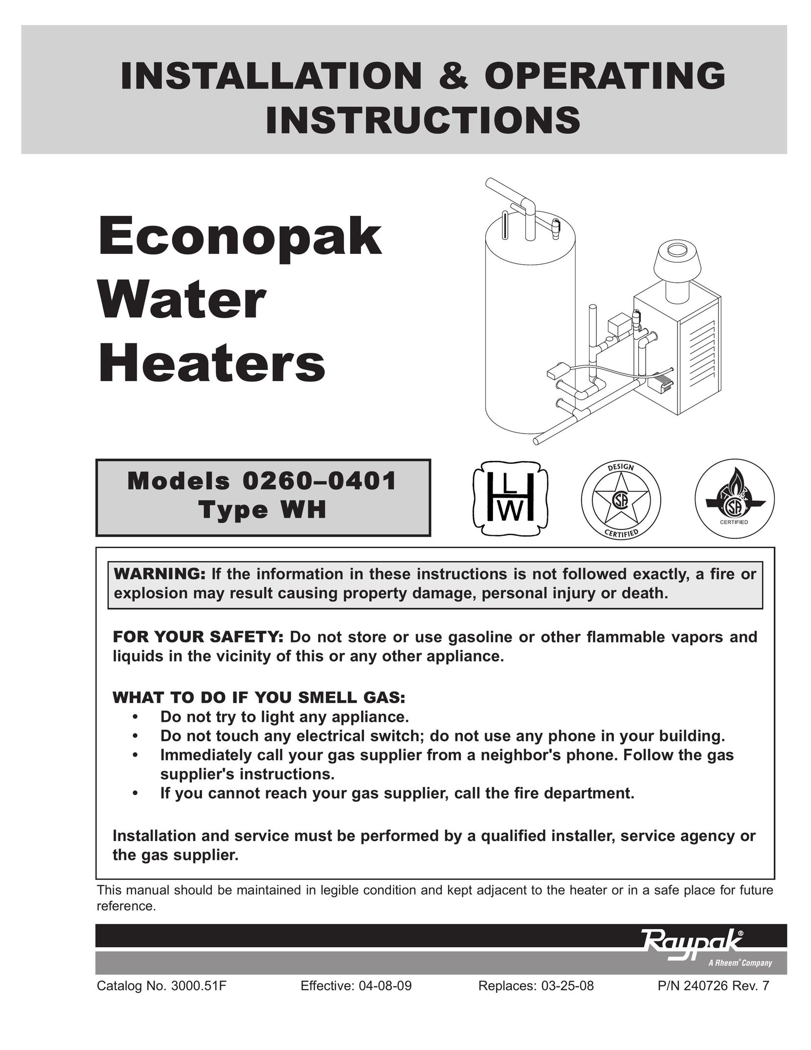 Raypak 2600401 Water Heater User Manual