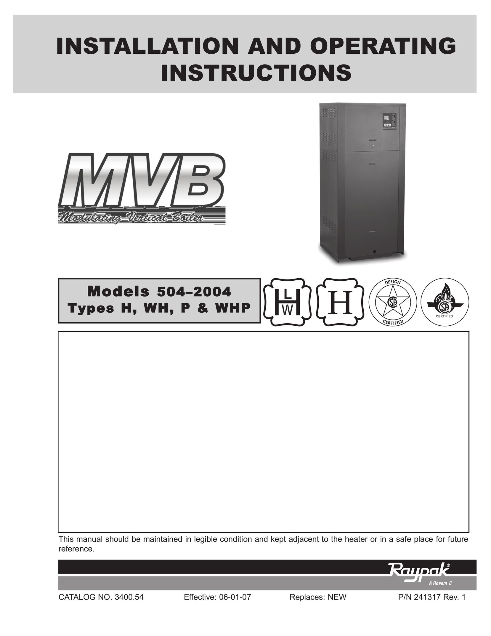 Raypak 504-2004 Water Heater User Manual