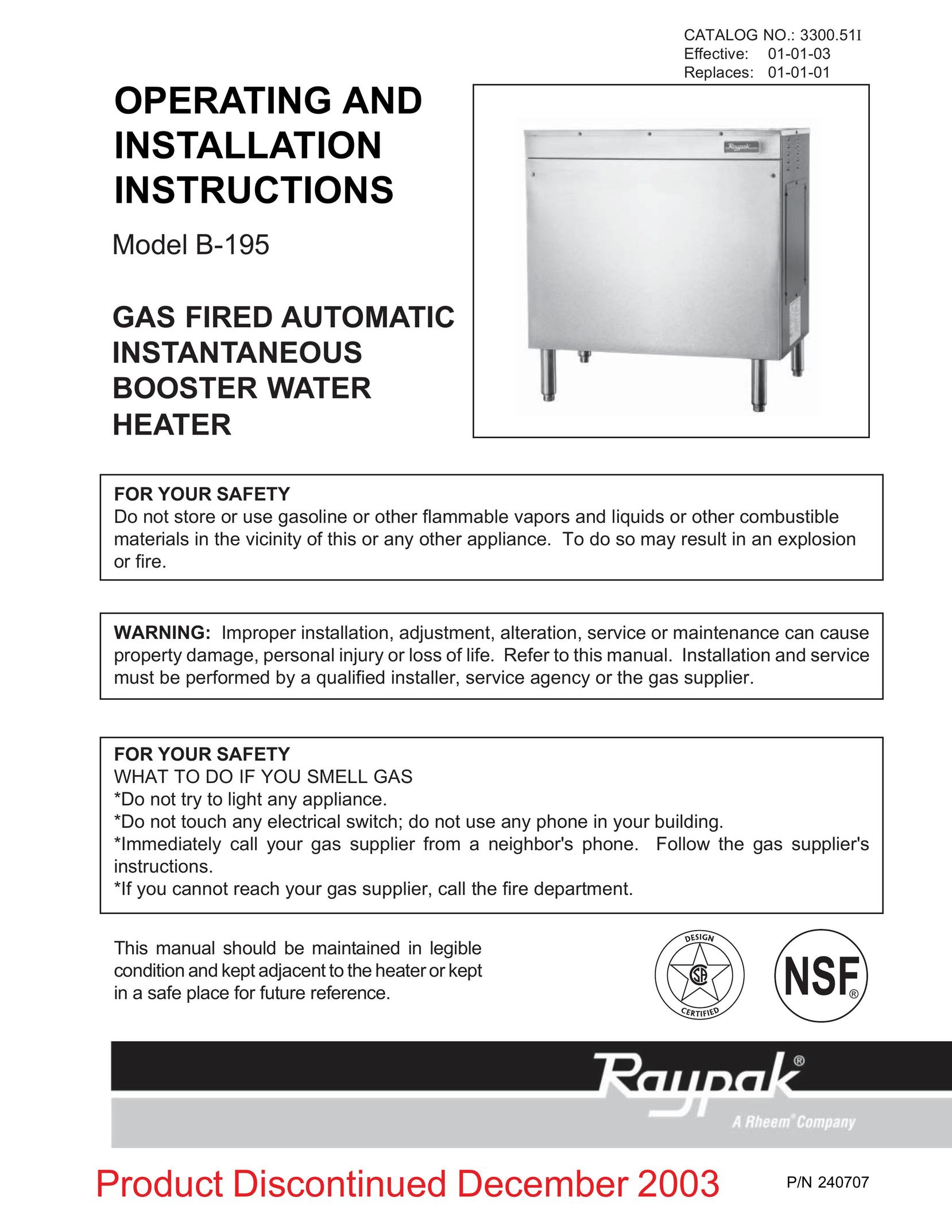 Raypak B-195 Water Heater User Manual