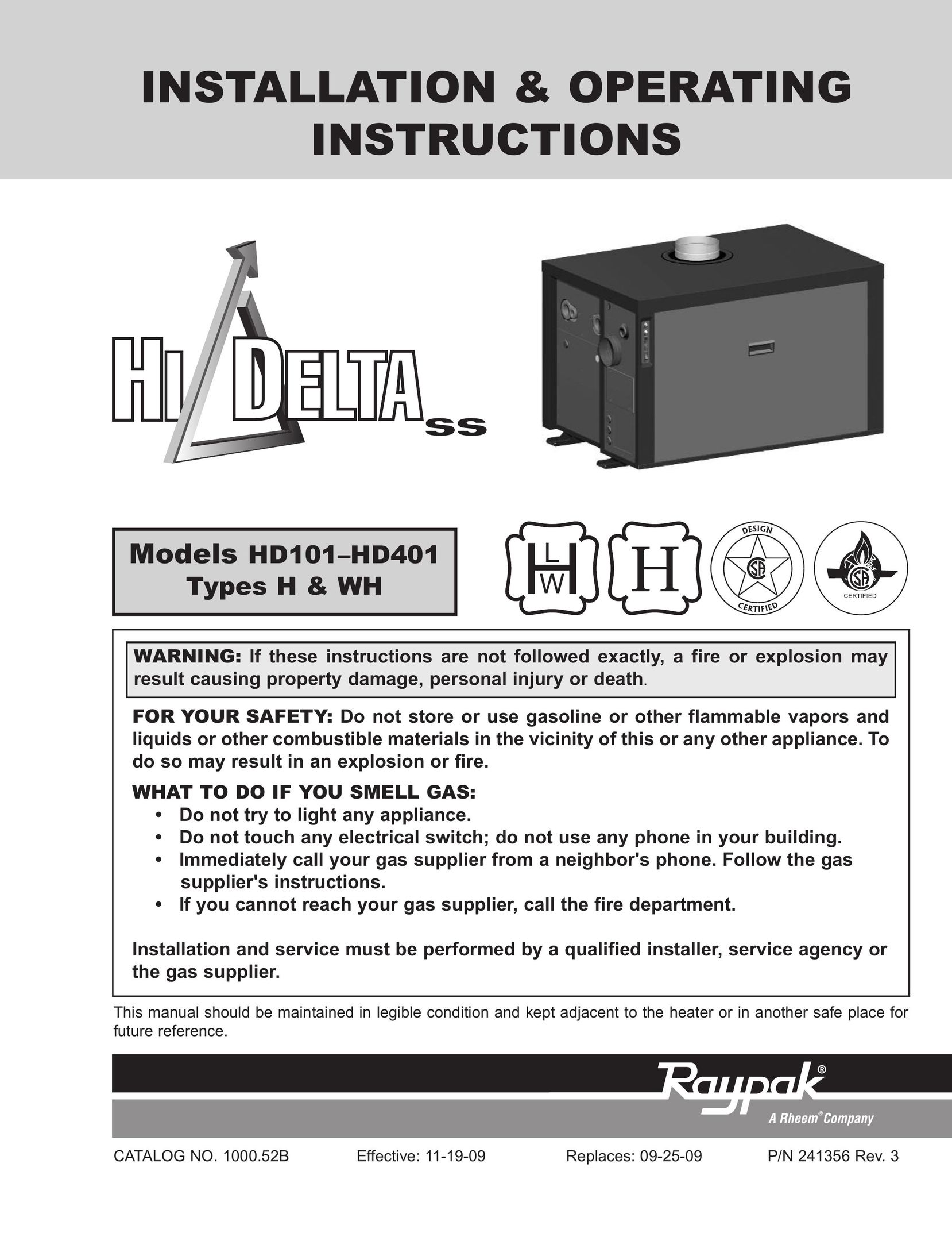 Raypak HD101 Water Heater User Manual
