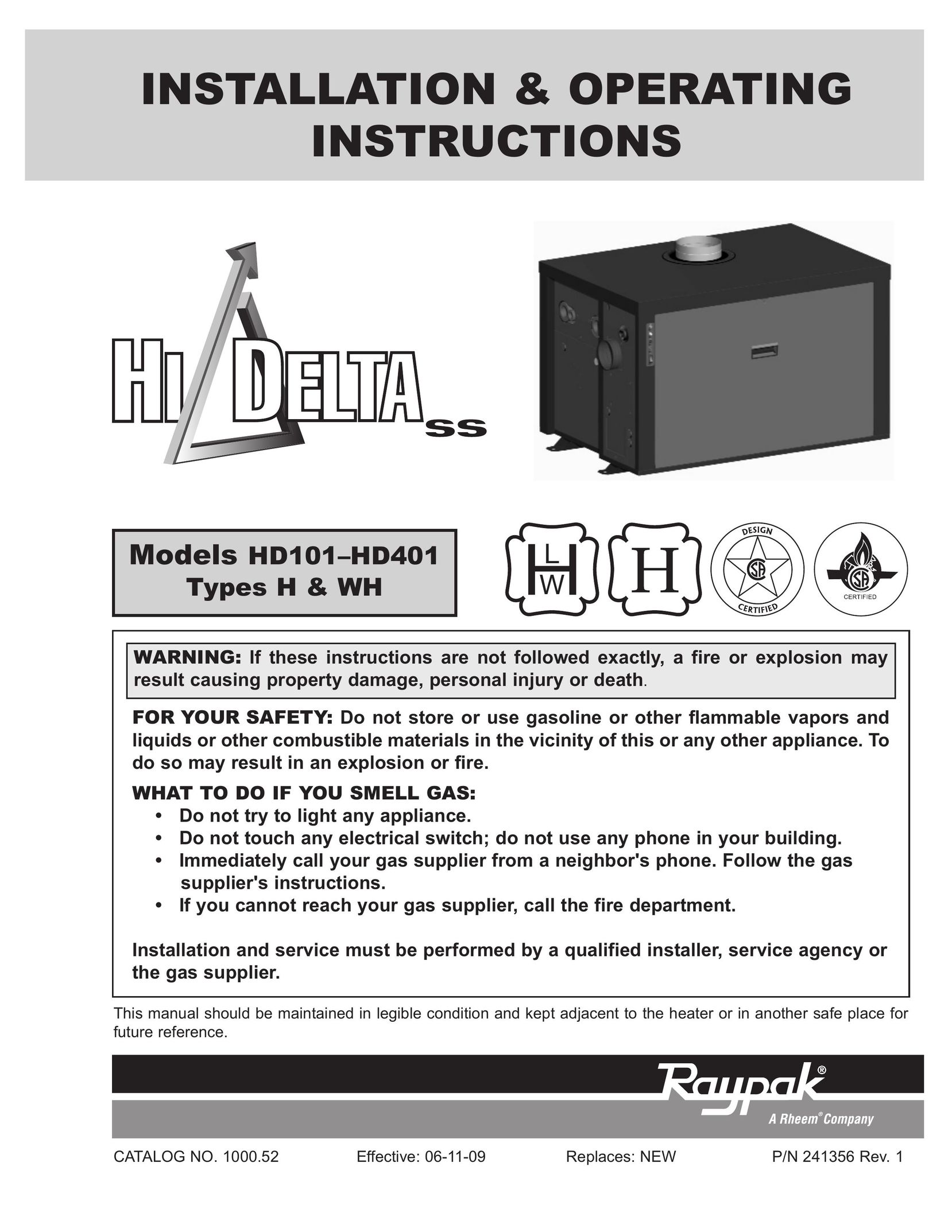 Raypak HD101 Water Heater User Manual