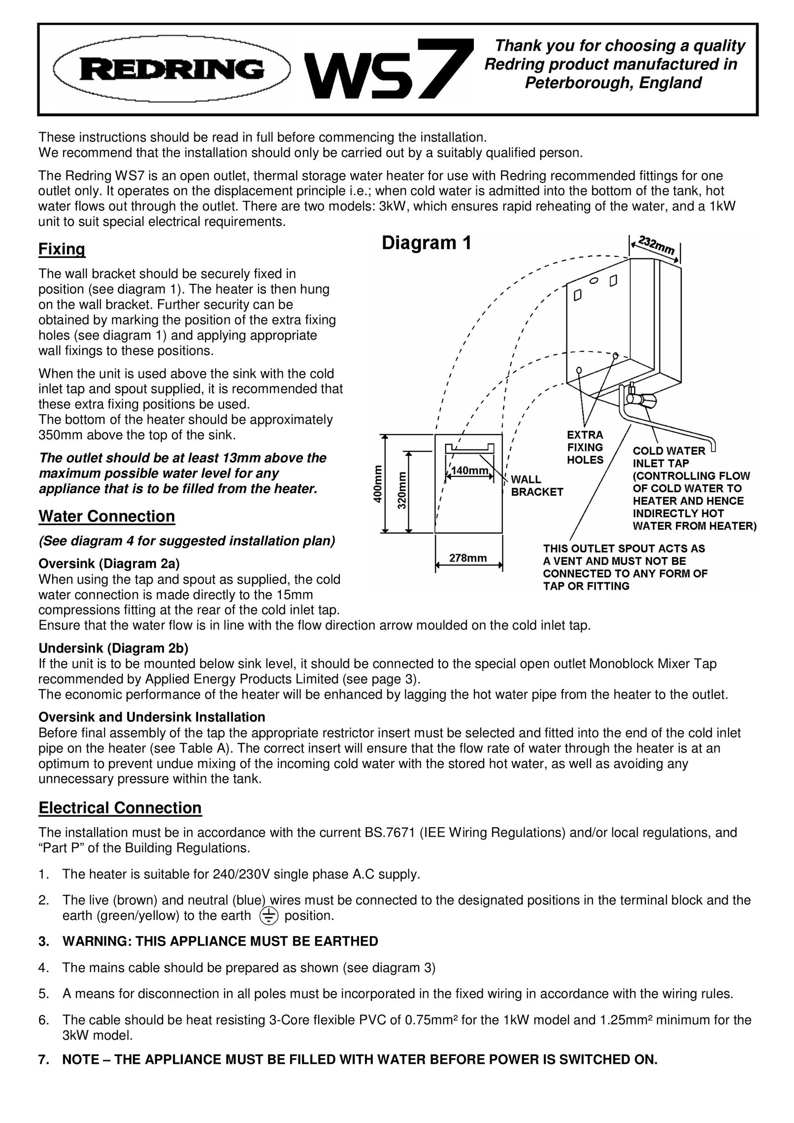 Redring WS7 Water Heater User Manual