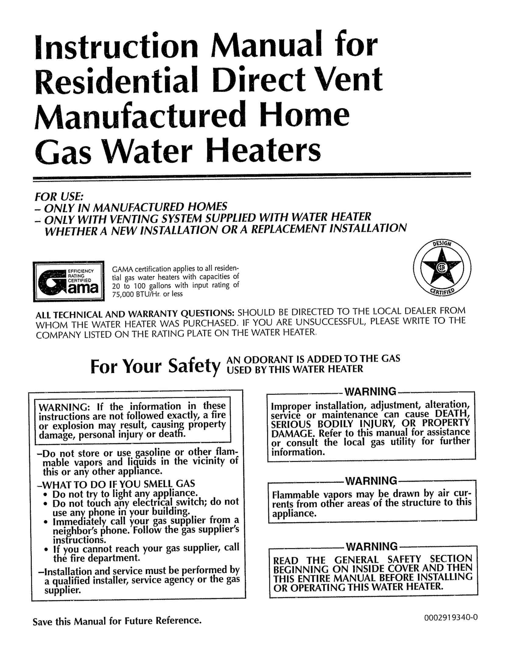 Reliance Water Heaters 0002919340 Water Heater User Manual