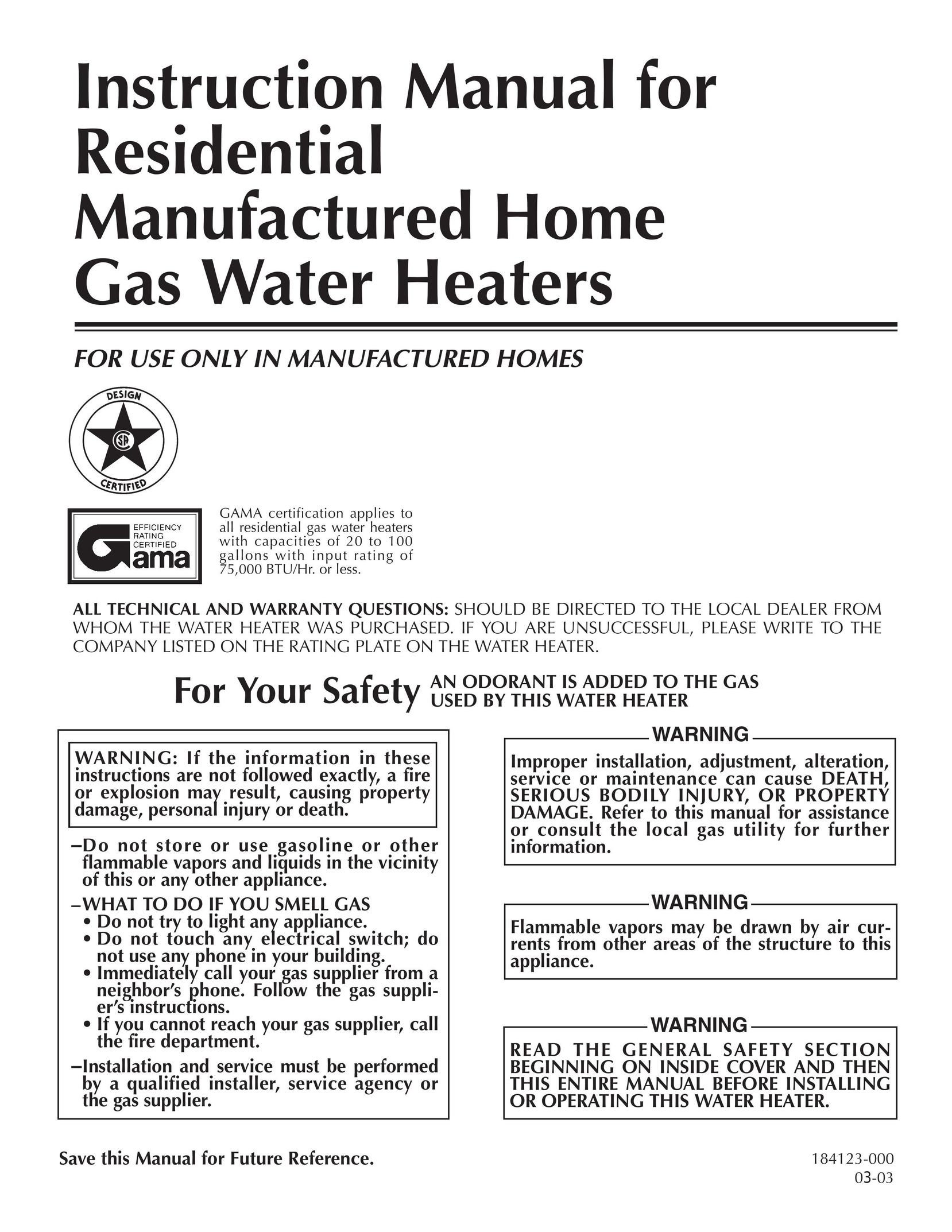 Reliance Water Heaters 184123-000 Water Heater User Manual